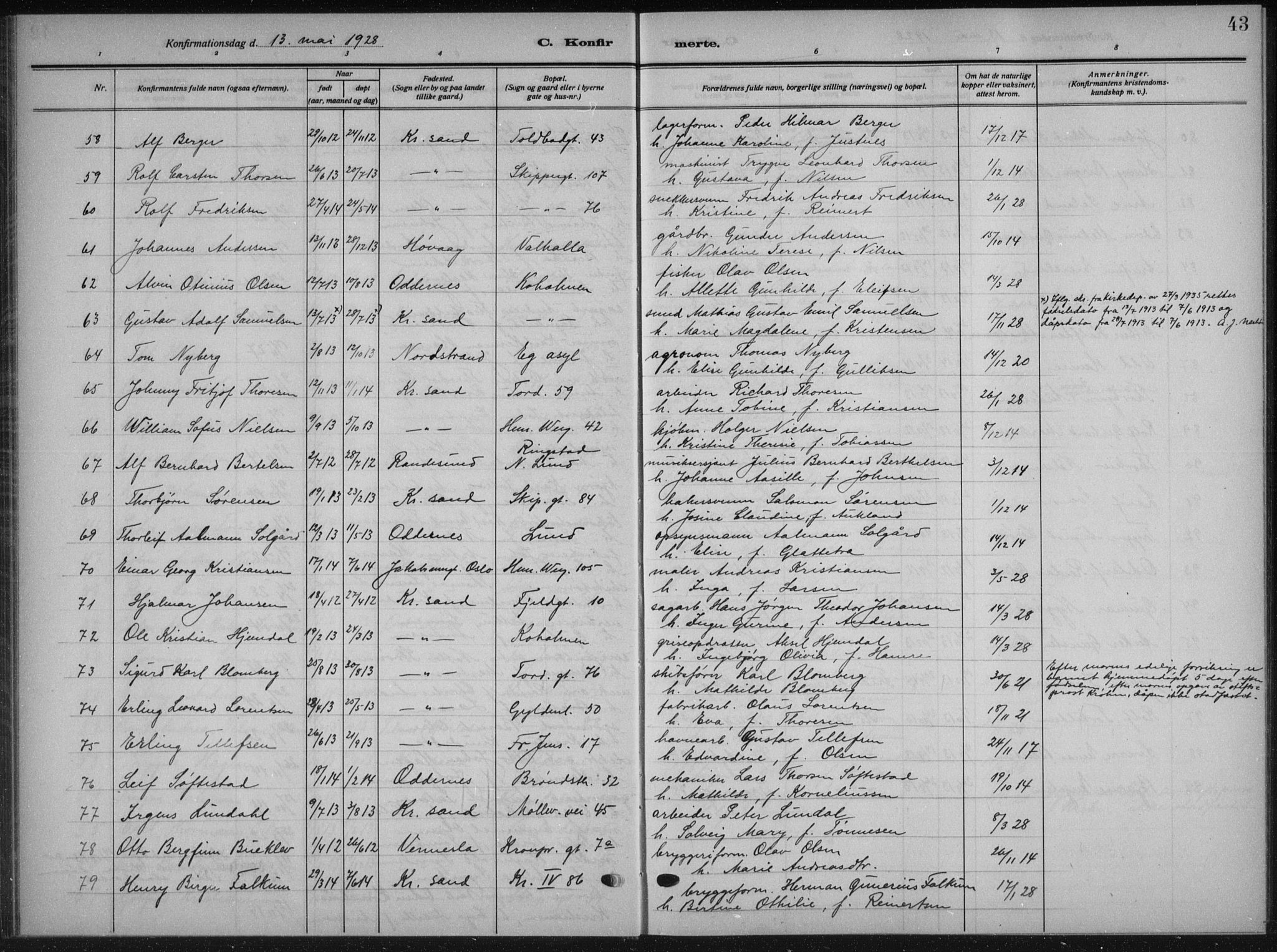 Kristiansand domprosti, AV/SAK-1112-0006/F/Fb/L0025: Klokkerbok nr. B 25, 1924-1934, s. 43