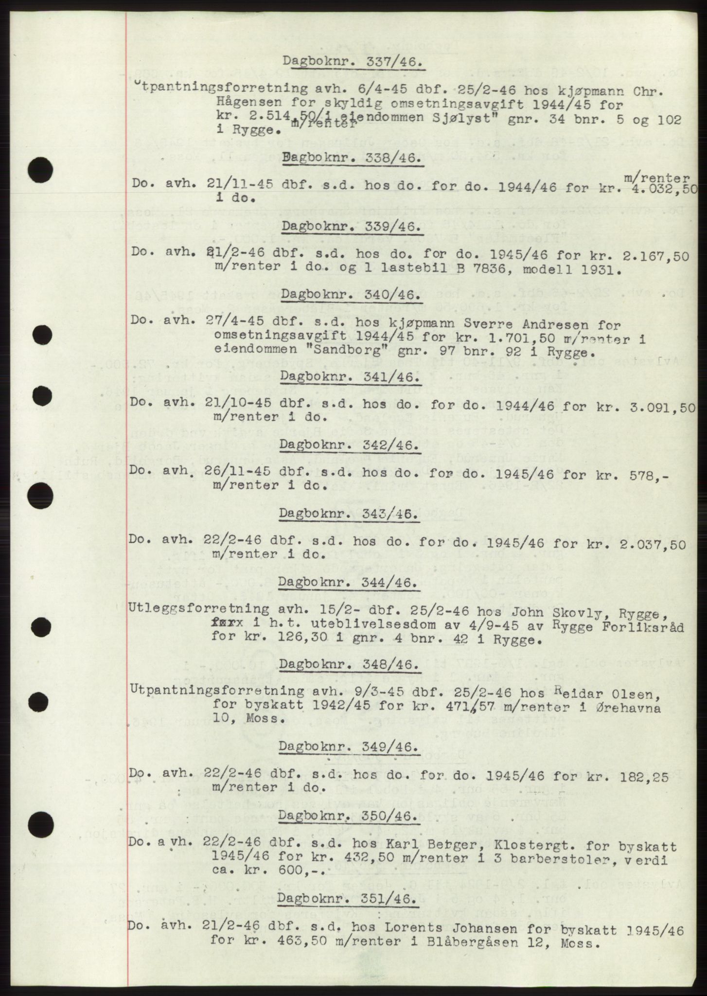 Moss sorenskriveri, SAO/A-10168: Pantebok nr. C10, 1938-1950, Dagboknr: 337/1946