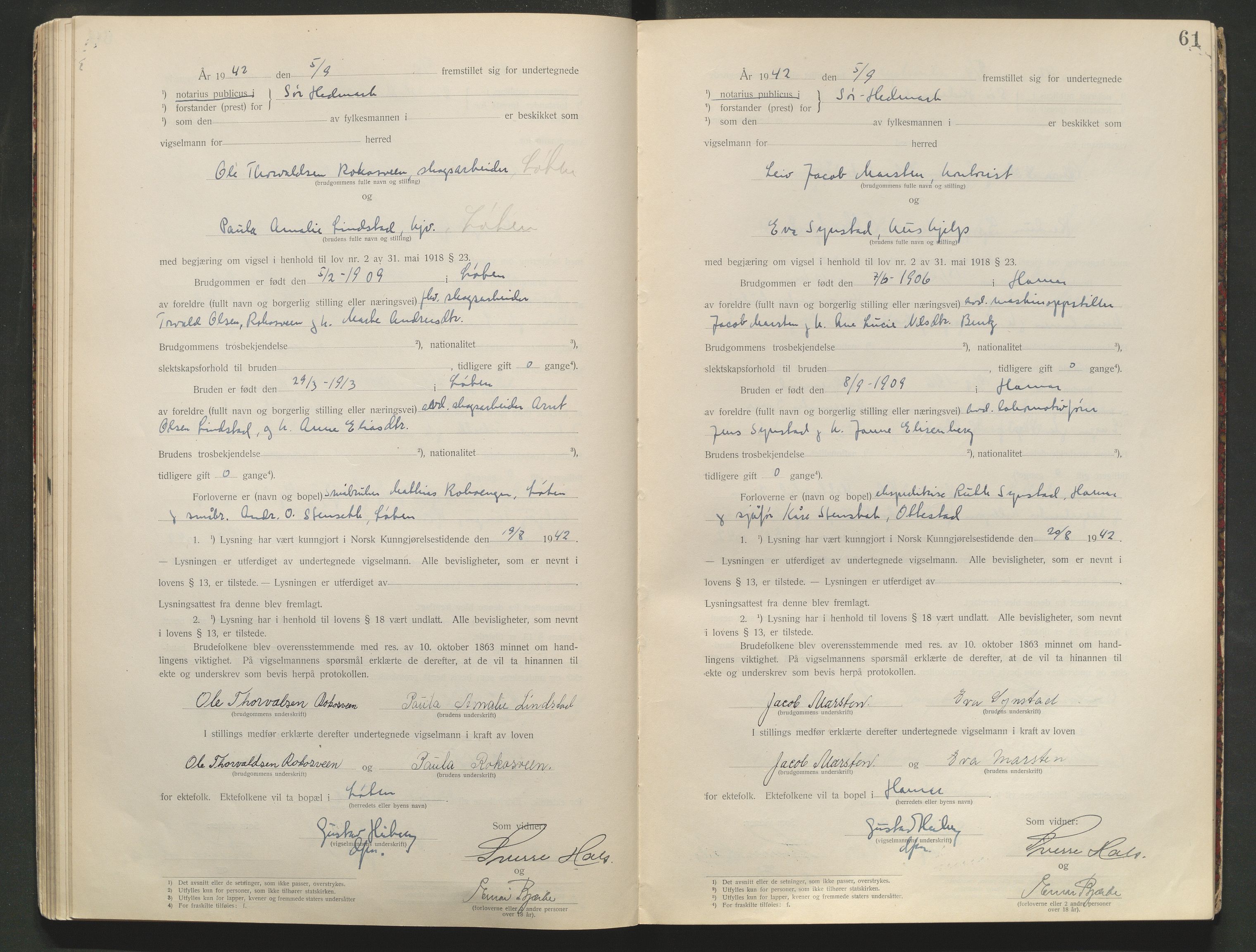 Sør-Hedmark sorenskriveri, AV/SAH-TING-014/L/Le/L0001/0002: Vigselbøker / Vigselbok, 1938-1942, s. 61