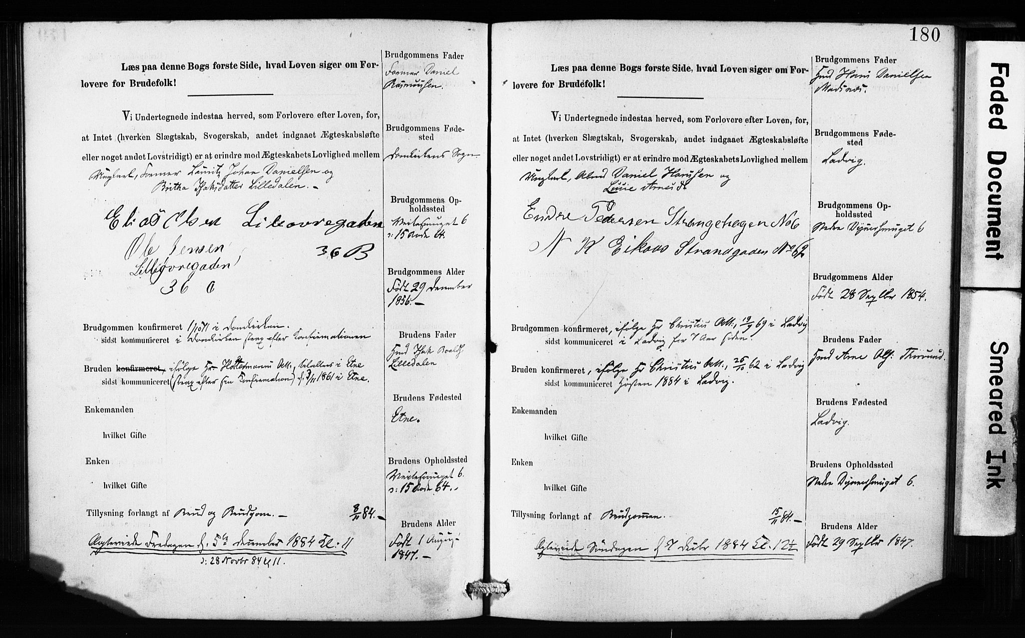 Domkirken sokneprestembete, SAB/A-74801: Forlovererklæringer nr. II.5.9, 1882-1889, s. 180