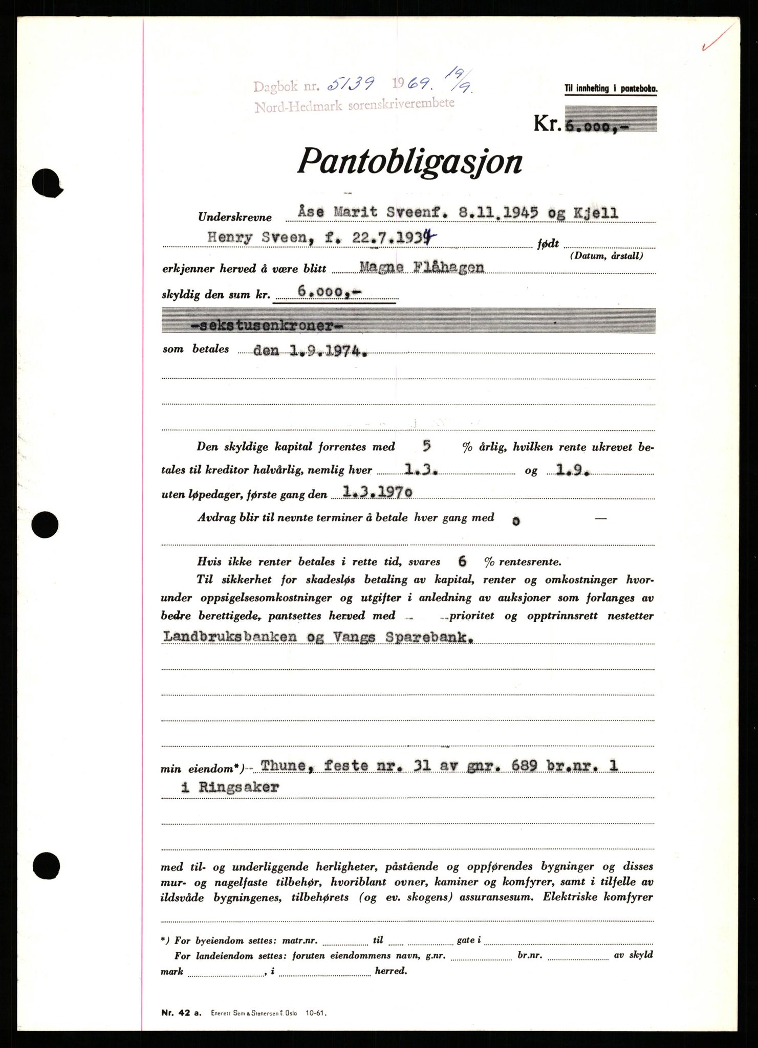 Nord-Hedmark sorenskriveri, SAH/TING-012/H/Hb/Hbf/L0081: Pantebok nr. B81, 1969-1969, Dagboknr: 5139/1969