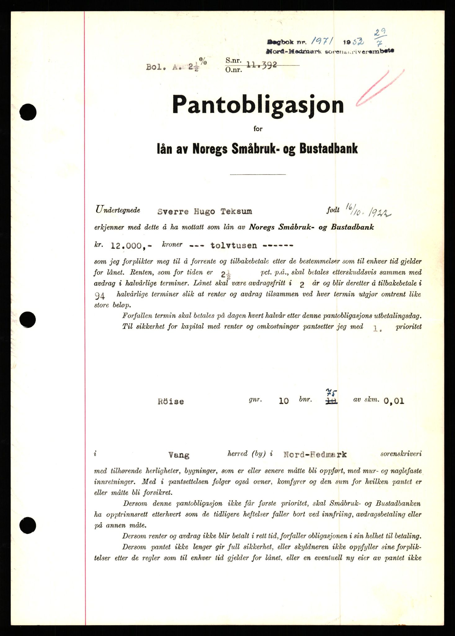 Nord-Hedmark sorenskriveri, SAH/TING-012/H/Hb/Hbf/L0025: Pantebok nr. B25, 1952-1952, Dagboknr: 1917/1952