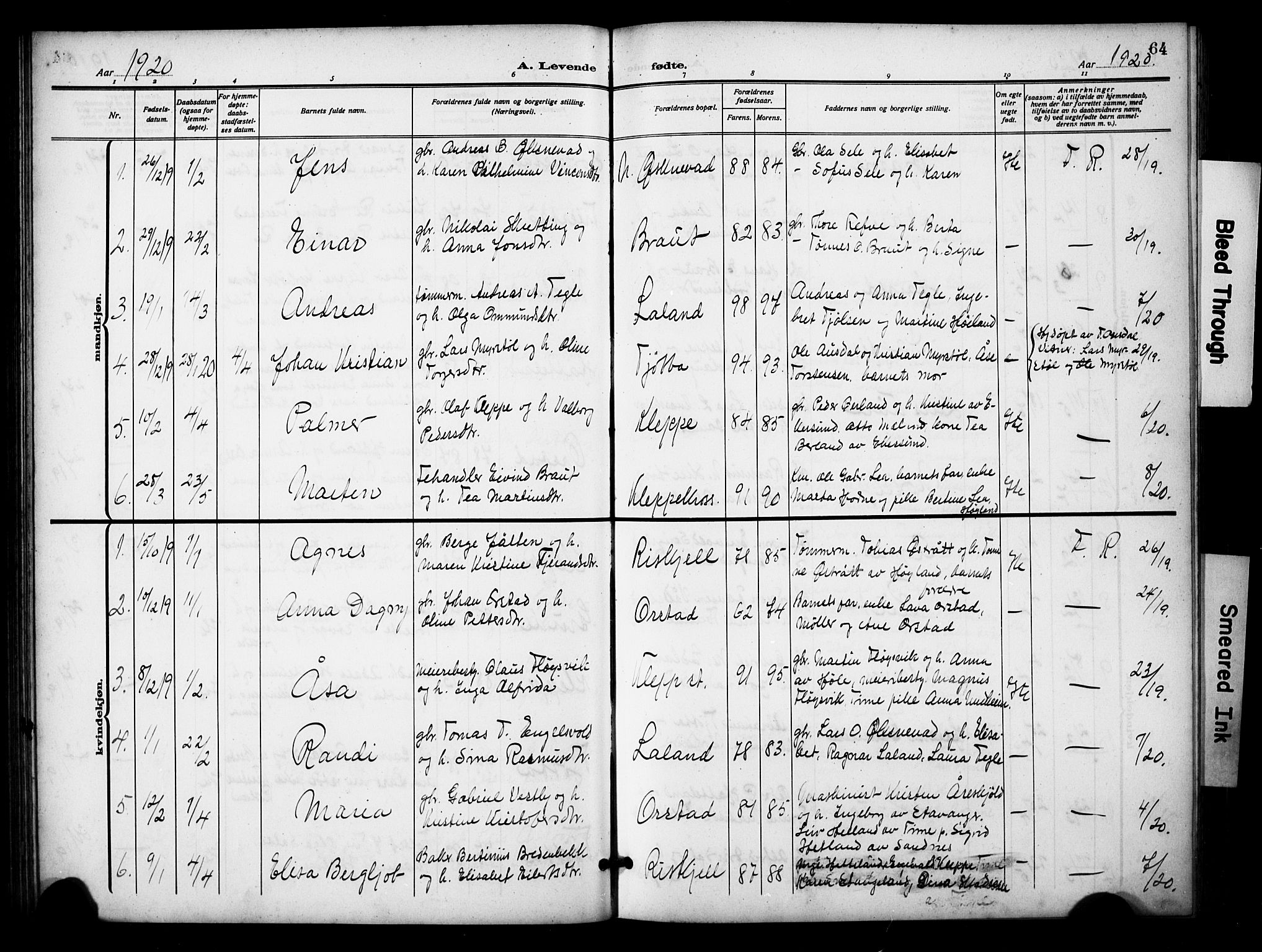 Klepp sokneprestkontor, AV/SAST-A-101803/001/3/30BB/L0007: Klokkerbok nr. B 7, 1908-1934, s. 64