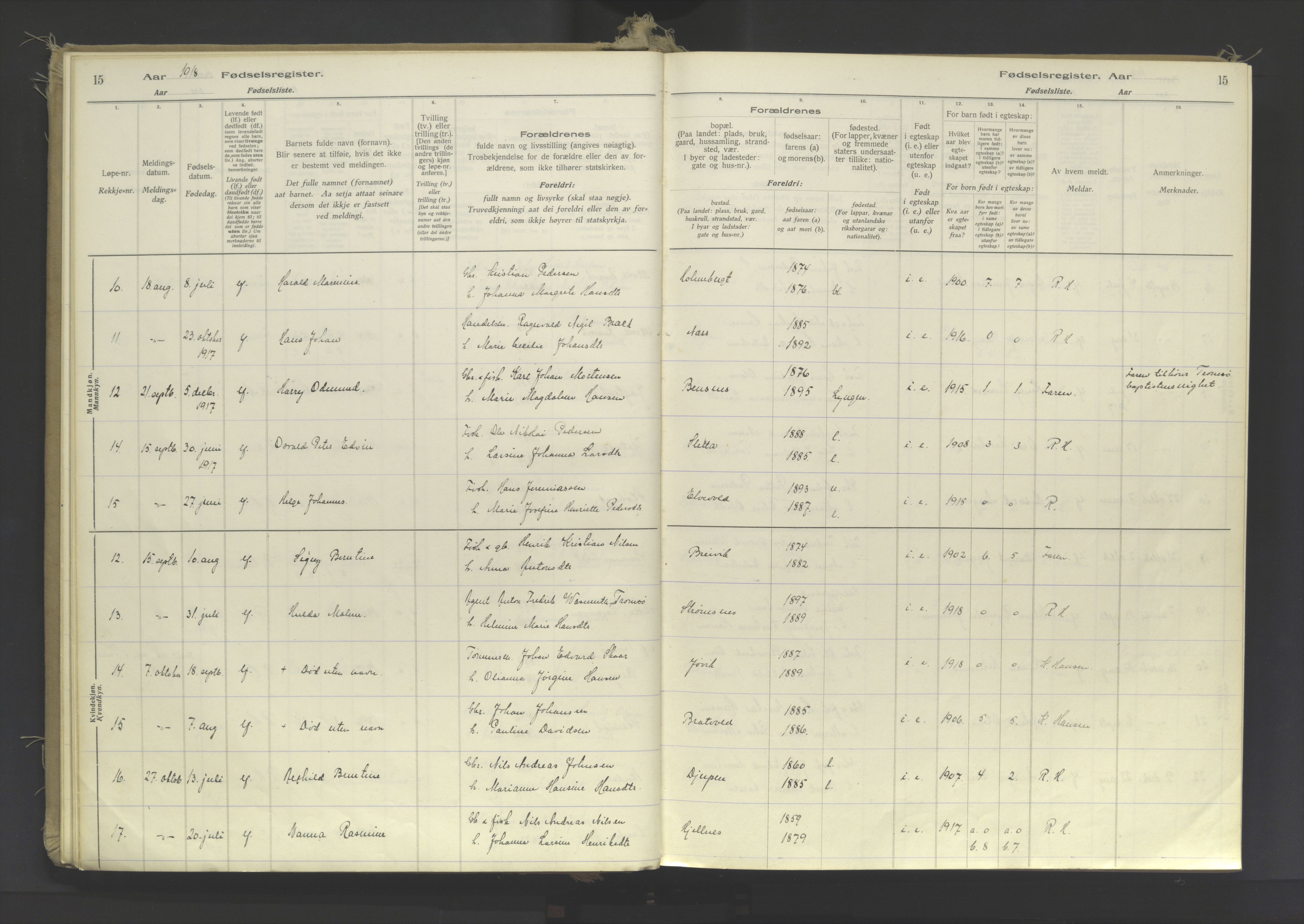 Lyngen sokneprestembete, AV/SATØ-S-1289/I/Ia/L0078: Fødselsregister nr. 78, 1916-1950, s. 15