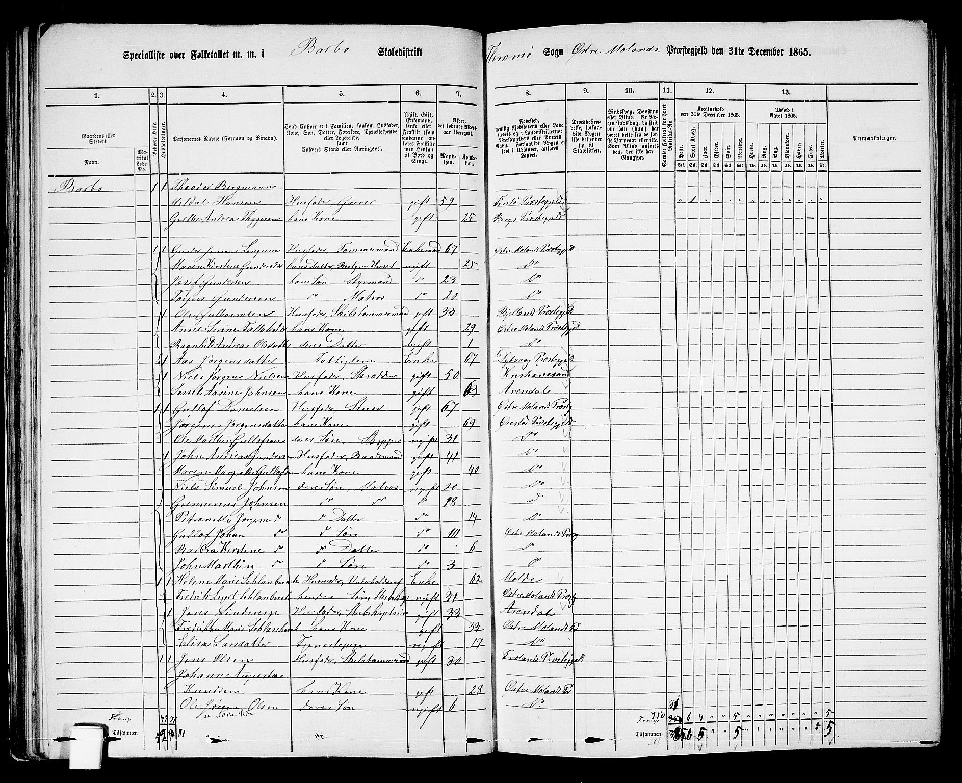 RA, Folketelling 1865 for 0918P Austre Moland prestegjeld, 1865, s. 72