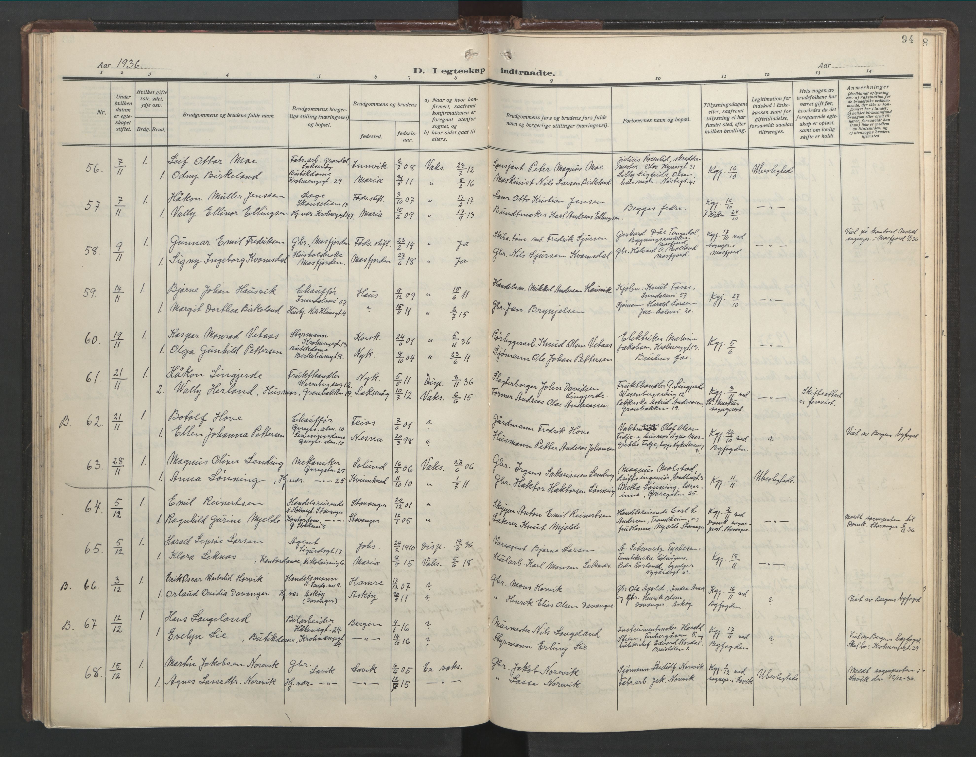 Mariakirken Sokneprestembete, AV/SAB-A-76901/H/Hab/L0011: Klokkerbok nr. A 11, 1938-1955, s. 93b-94a