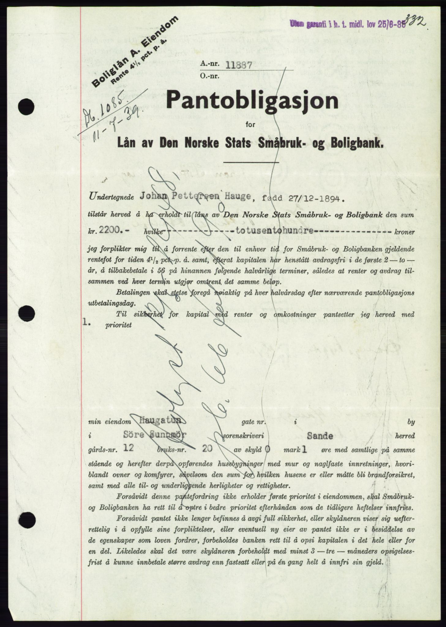 Søre Sunnmøre sorenskriveri, AV/SAT-A-4122/1/2/2C/L0068: Pantebok nr. 62, 1939-1939, Dagboknr: 1085/1939