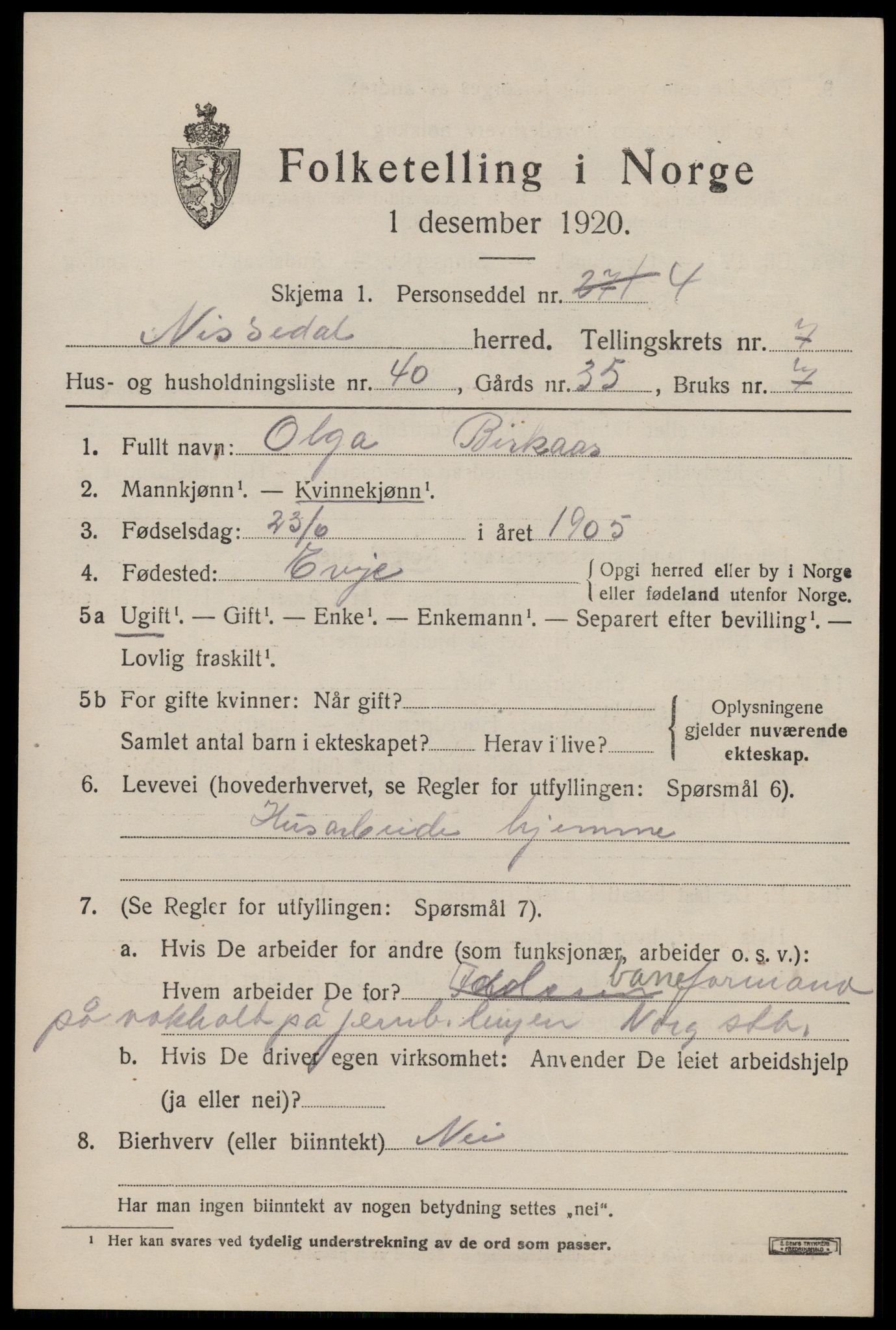 SAKO, Folketelling 1920 for 0830 Nissedal herred, 1920, s. 3013