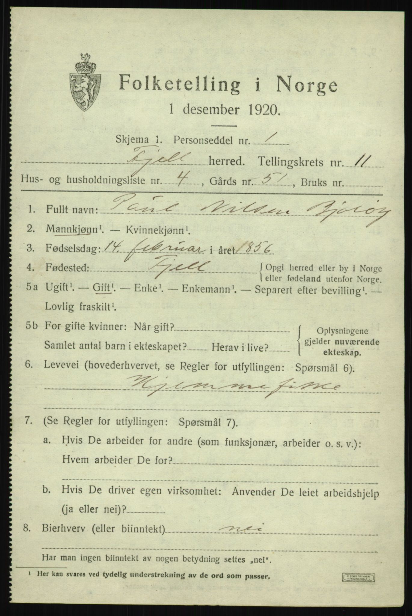 SAB, Folketelling 1920 for 1246 Fjell herred, 1920, s. 9894