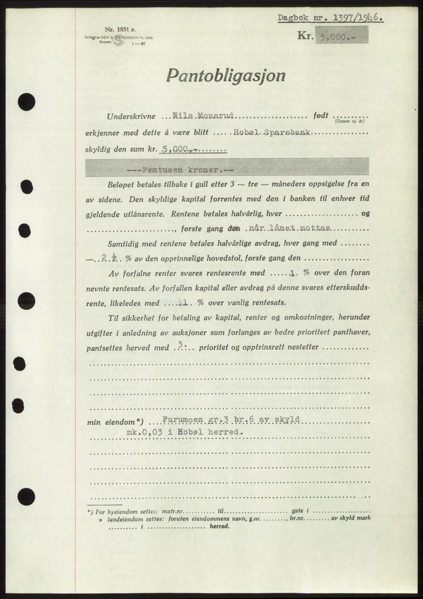 Moss sorenskriveri, SAO/A-10168: Pantebok nr. B15, 1946-1946, Dagboknr: 1397/1946