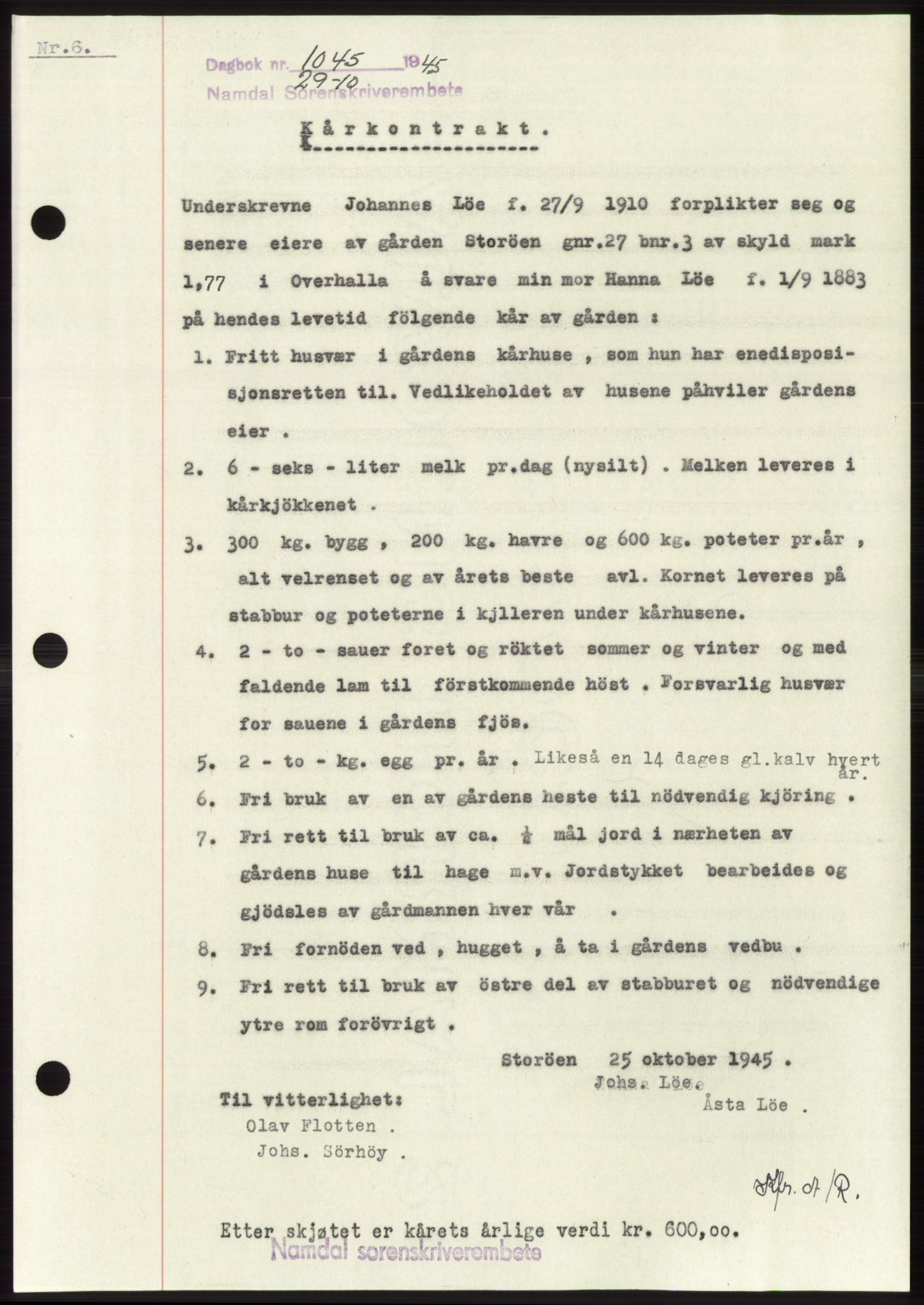 Namdal sorenskriveri, SAT/A-4133/1/2/2C: Pantebok nr. -, 1944-1945, Dagboknr: 1045/1945