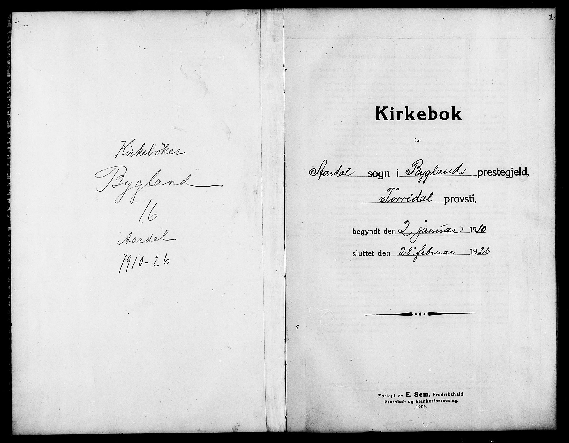 Bygland sokneprestkontor, AV/SAK-1111-0006/F/Fb/Fbd/L0003: Klokkerbok nr. B 3, 1910-1926, s. 1