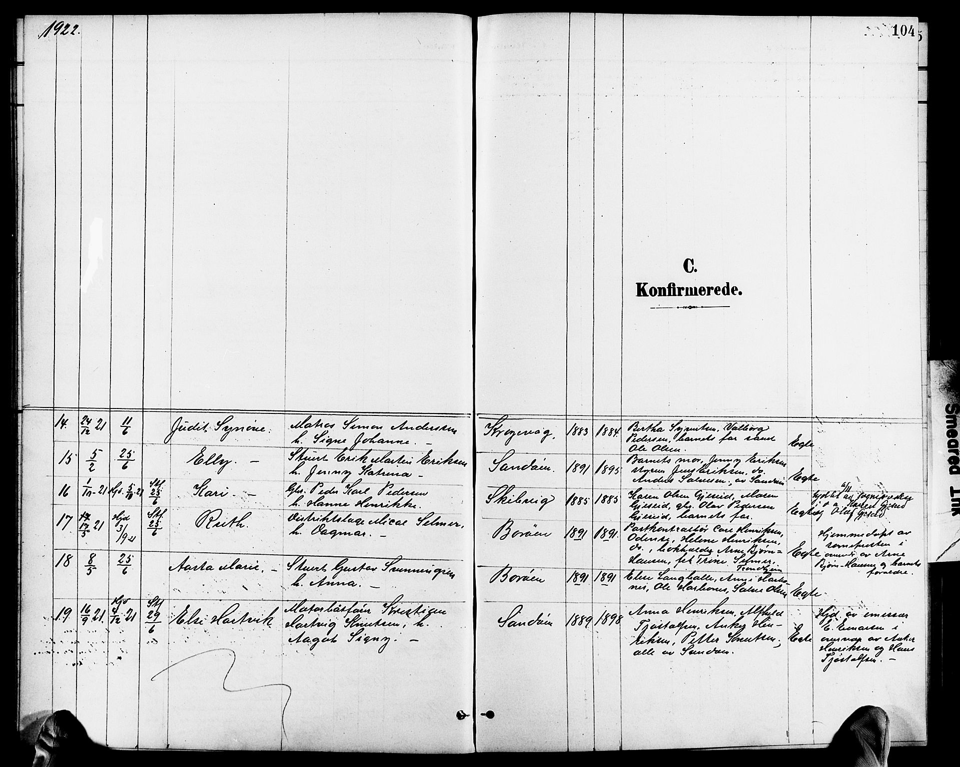 Dypvåg sokneprestkontor, SAK/1111-0007/F/Fb/Fba/L0014: Klokkerbok nr. B 14, 1901-1922, s. 104