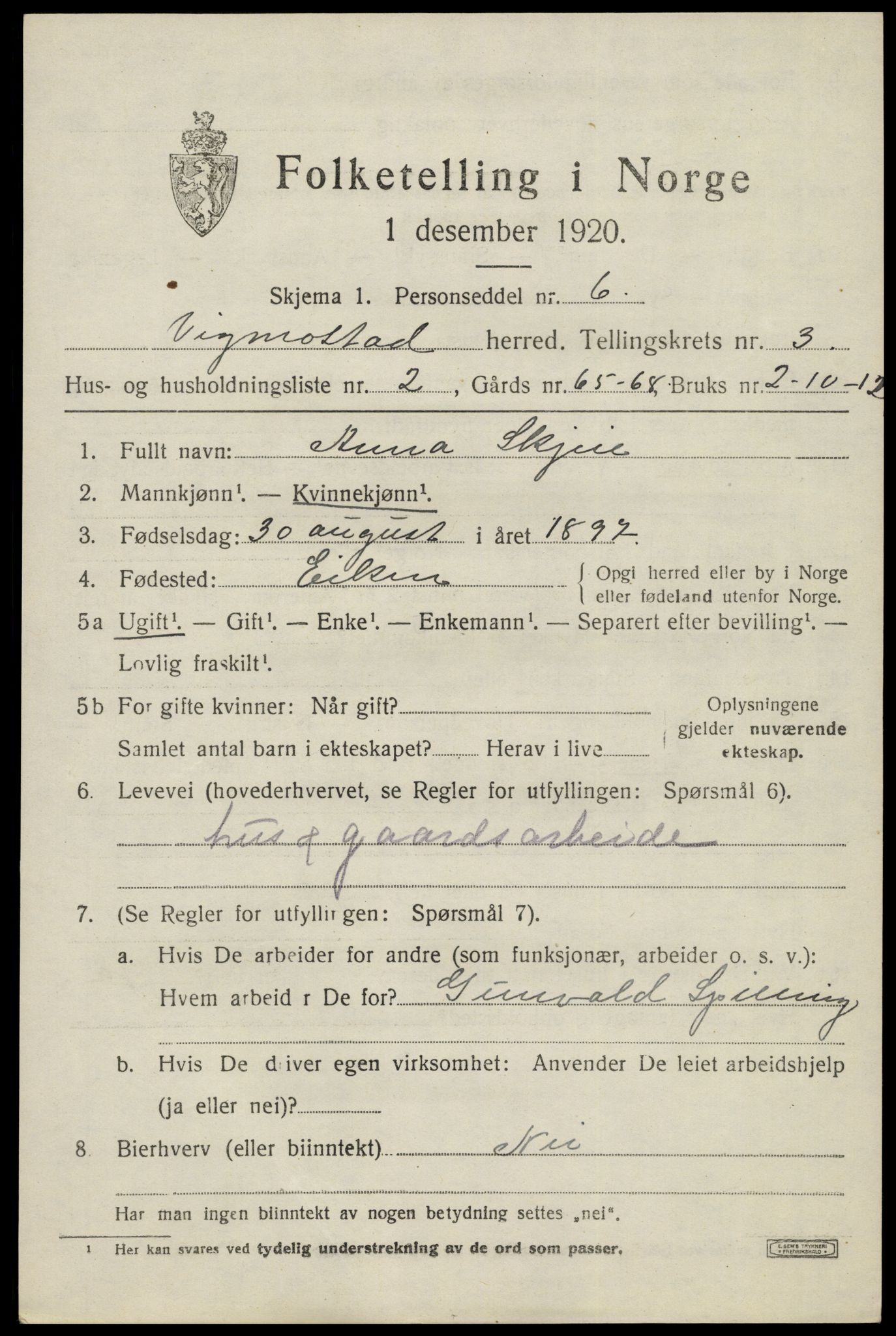 SAK, Folketelling 1920 for 1028 Vigmostad herred, 1920, s. 839