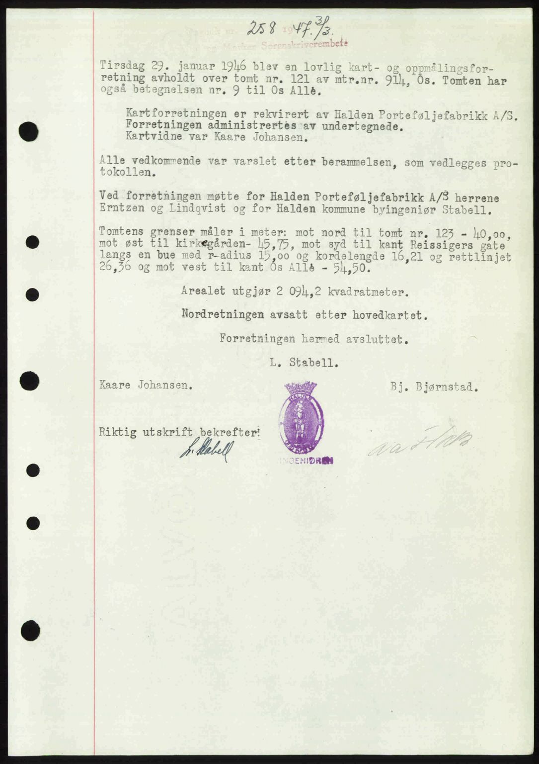 Idd og Marker sorenskriveri, SAO/A-10283/G/Gb/Gbb/L0009: Pantebok nr. A9, 1946-1947, Dagboknr: 258/1947