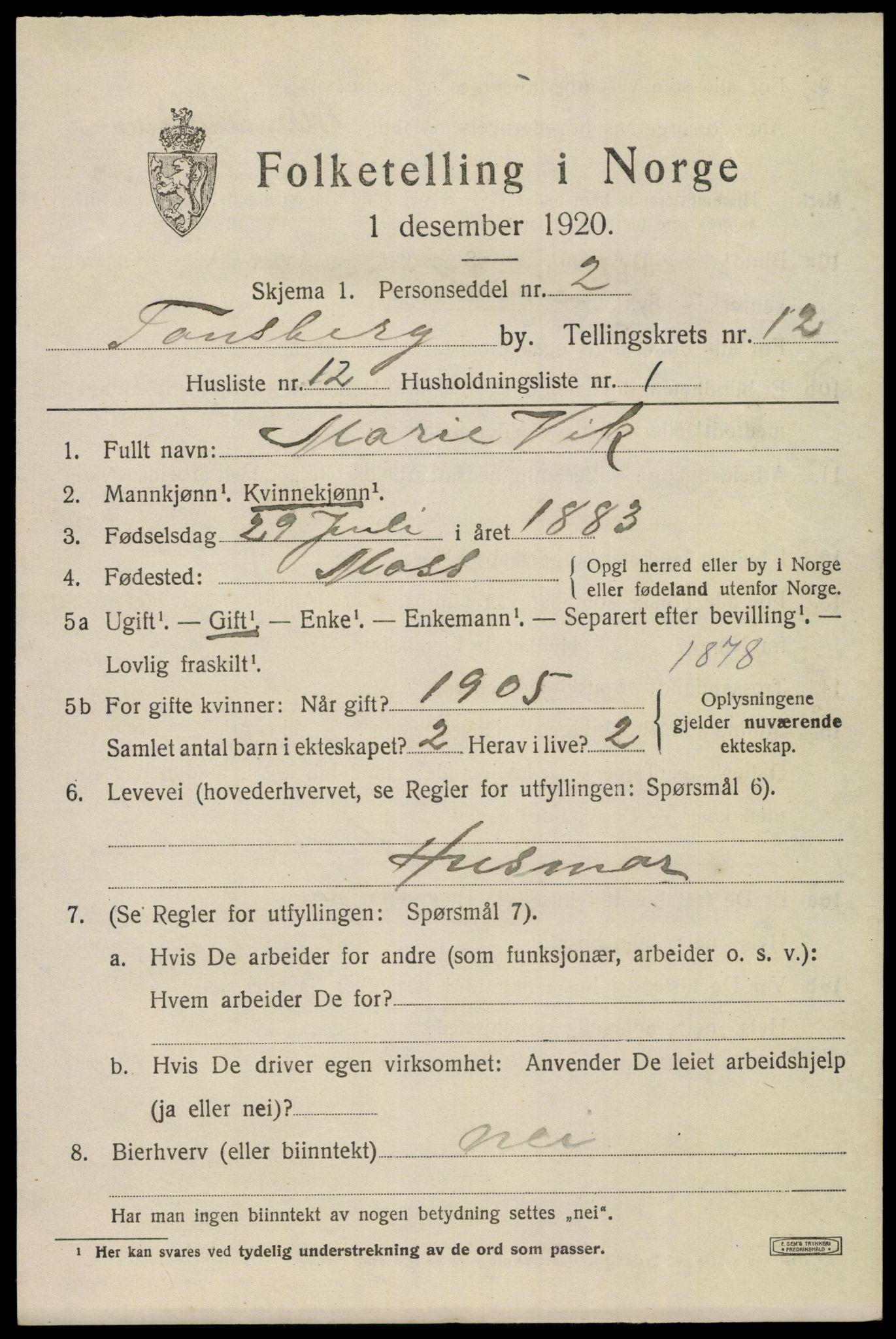 SAKO, Folketelling 1920 for 0705 Tønsberg kjøpstad, 1920, s. 20191
