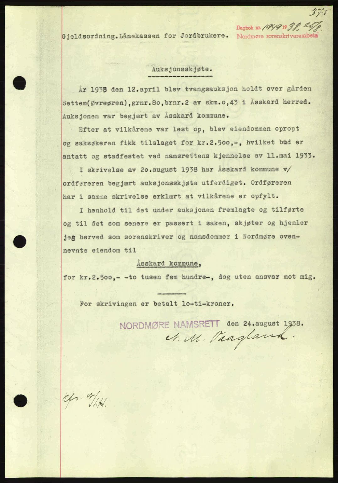 Nordmøre sorenskriveri, SAT/A-4132/1/2/2Ca: Pantebok nr. A84, 1938-1938, Dagboknr: 1949/1938