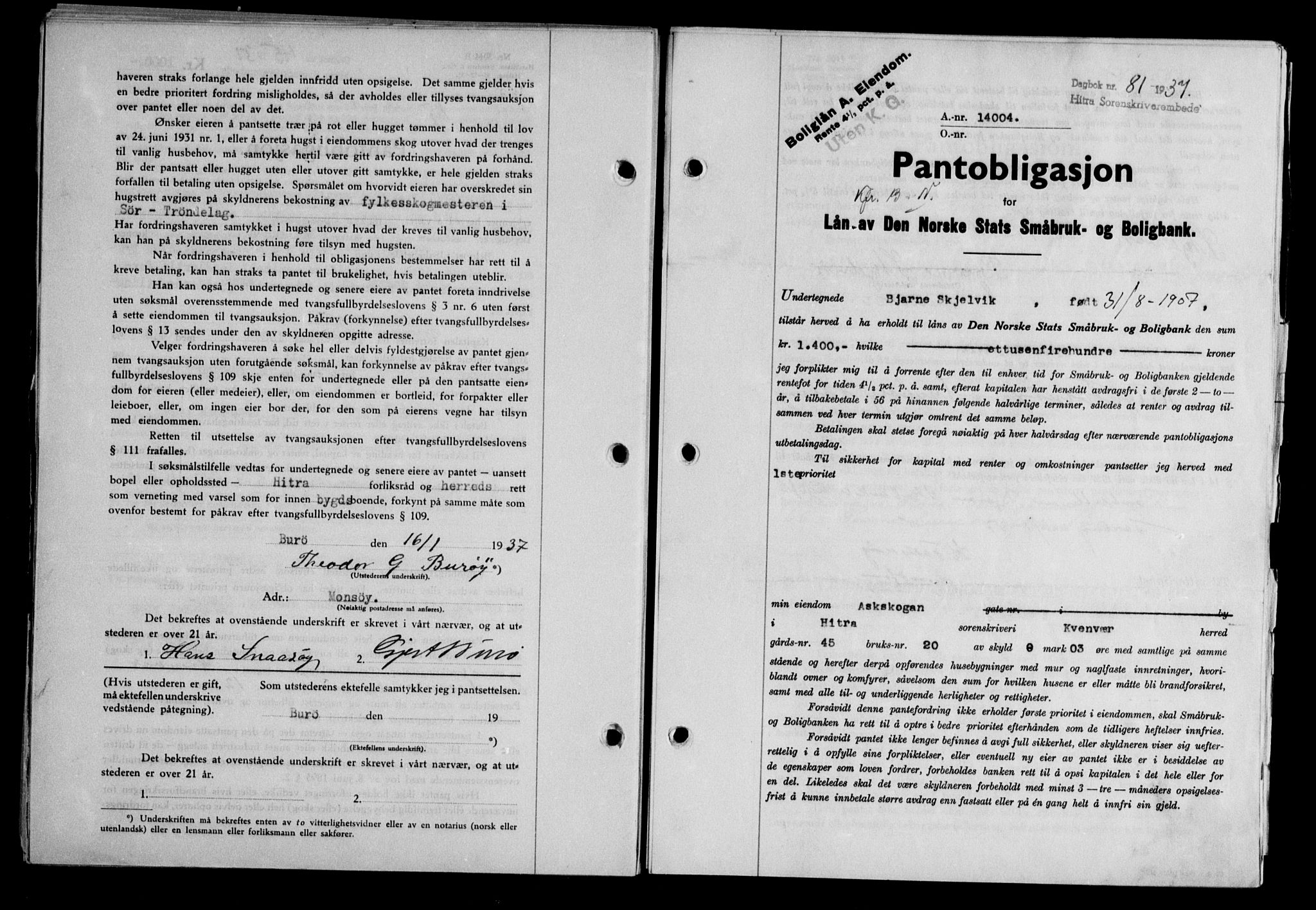 Hitra sorenskriveri, AV/SAT-A-0018/2/2C/2Ca/L0028: Pantebok nr. B-1, 1936-1939, Dagboknr: 81/1937