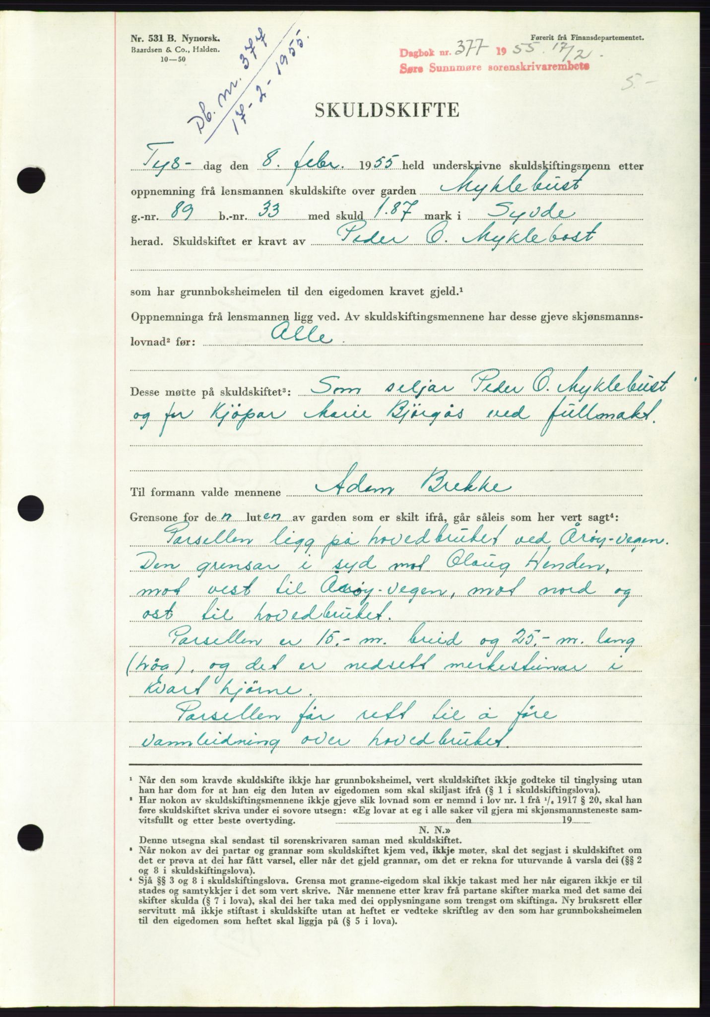 Søre Sunnmøre sorenskriveri, AV/SAT-A-4122/1/2/2C/L0100: Pantebok nr. 26A, 1954-1955, Dagboknr: 377/1955