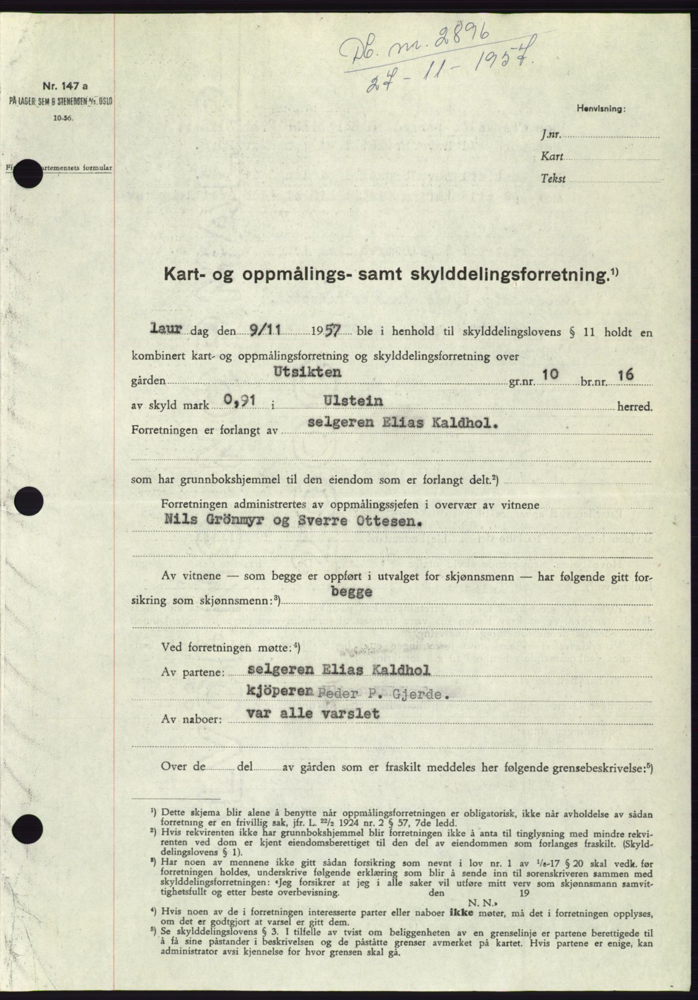 Søre Sunnmøre sorenskriveri, SAT/A-4122/1/2/2C/L0108: Pantebok nr. 34A, 1957-1958, Dagboknr: 2896/1957