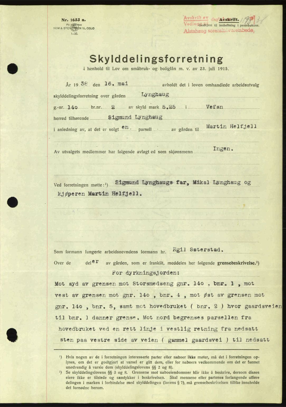 Alstahaug sorenskriveri, SAT/A-1009: Pantebok nr. A3, 1937-1938, Dagboknr: 1193/1938