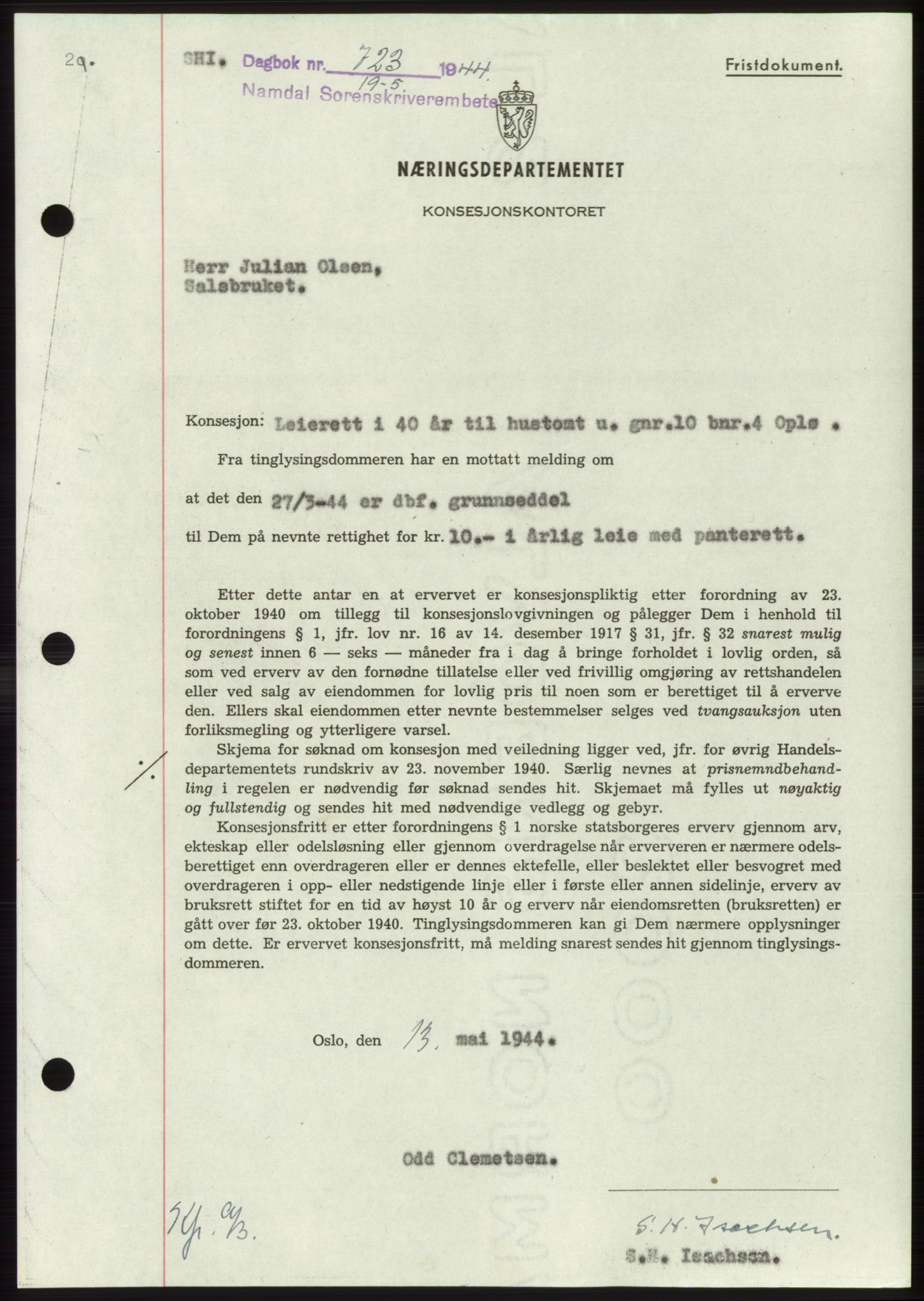 Namdal sorenskriveri, SAT/A-4133/1/2/2C: Pantebok nr. -, 1944-1945, Dagboknr: 723/1944