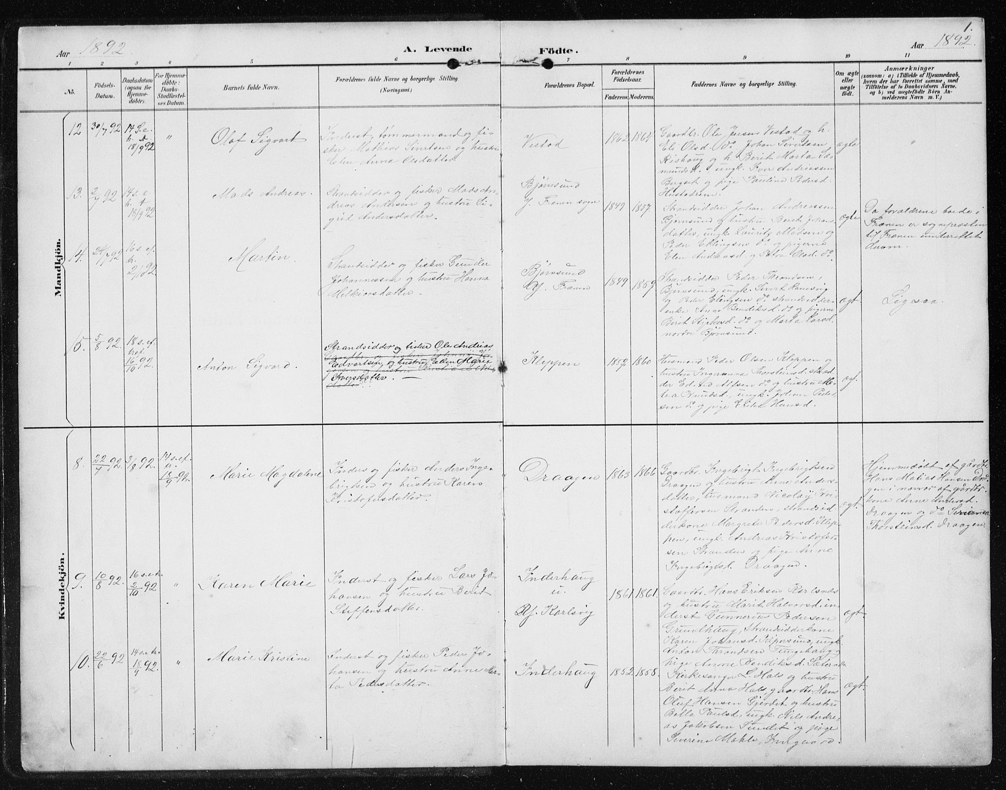 Ministerialprotokoller, klokkerbøker og fødselsregistre - Møre og Romsdal, SAT/A-1454/566/L0773: Klokkerbok nr. 566C02, 1892-1909, s. 1