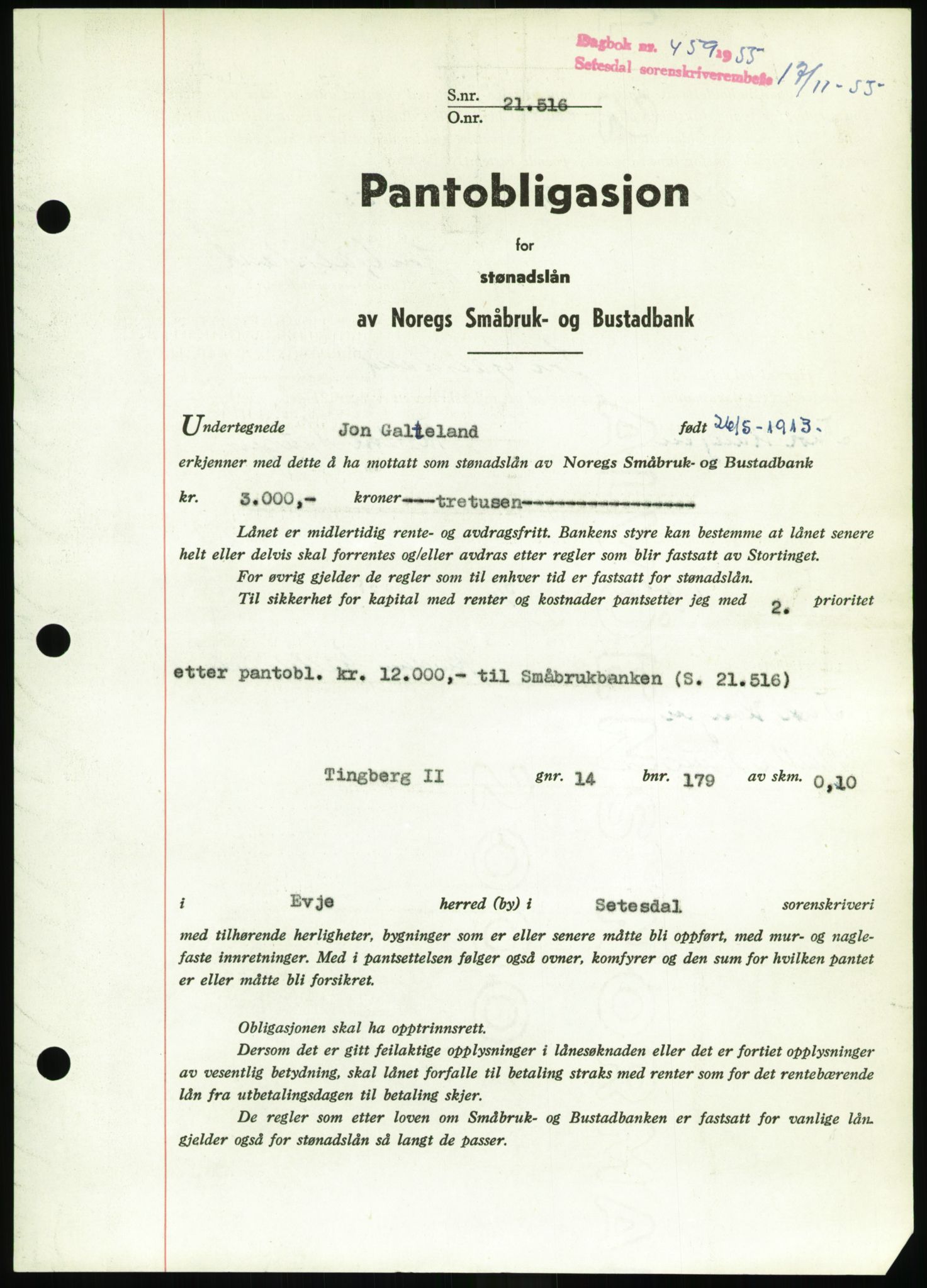 Setesdal sorenskriveri, SAK/1221-0011/G/Gb/L0052: Pantebok nr. B 40, 1954-1955, Dagboknr: 459/1955