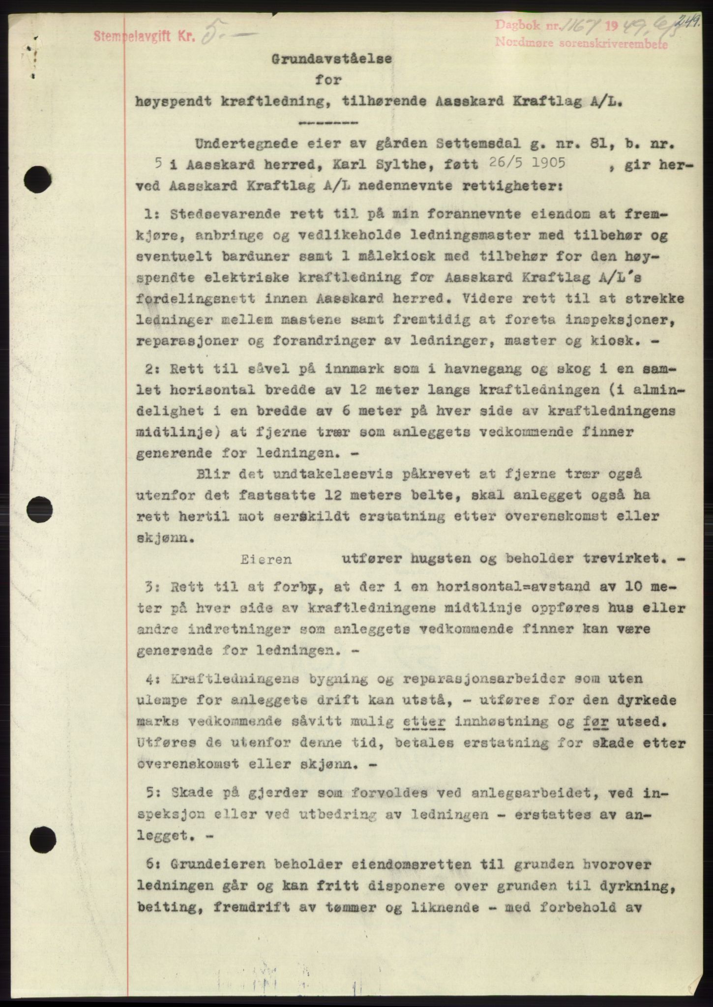 Nordmøre sorenskriveri, SAT/A-4132/1/2/2Ca: Pantebok nr. B101, 1949-1949, Dagboknr: 1167/1949