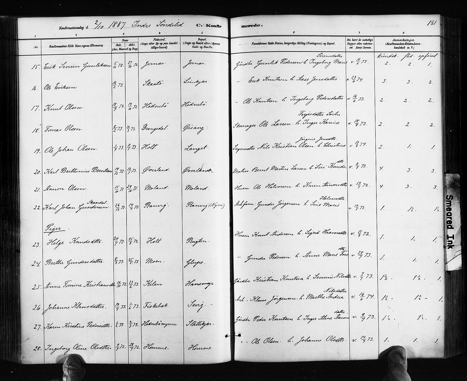 Søndeled sokneprestkontor, AV/SAK-1111-0038/F/Fa/L0004: Ministerialbok nr. A 4, 1880-1889, s. 181