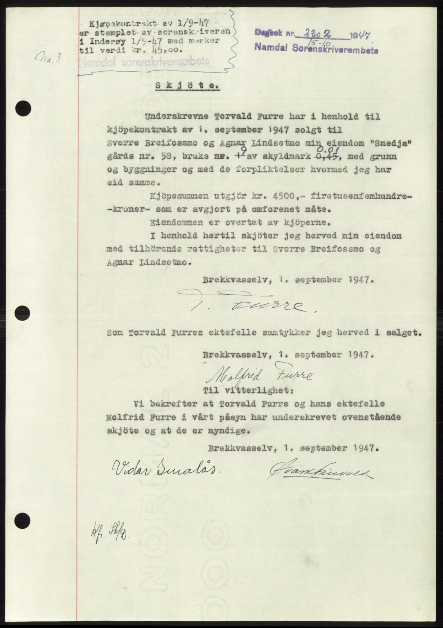 Namdal sorenskriveri, SAT/A-4133/1/2/2C: Pantebok nr. -, 1947-1947, Dagboknr: 2302/1947