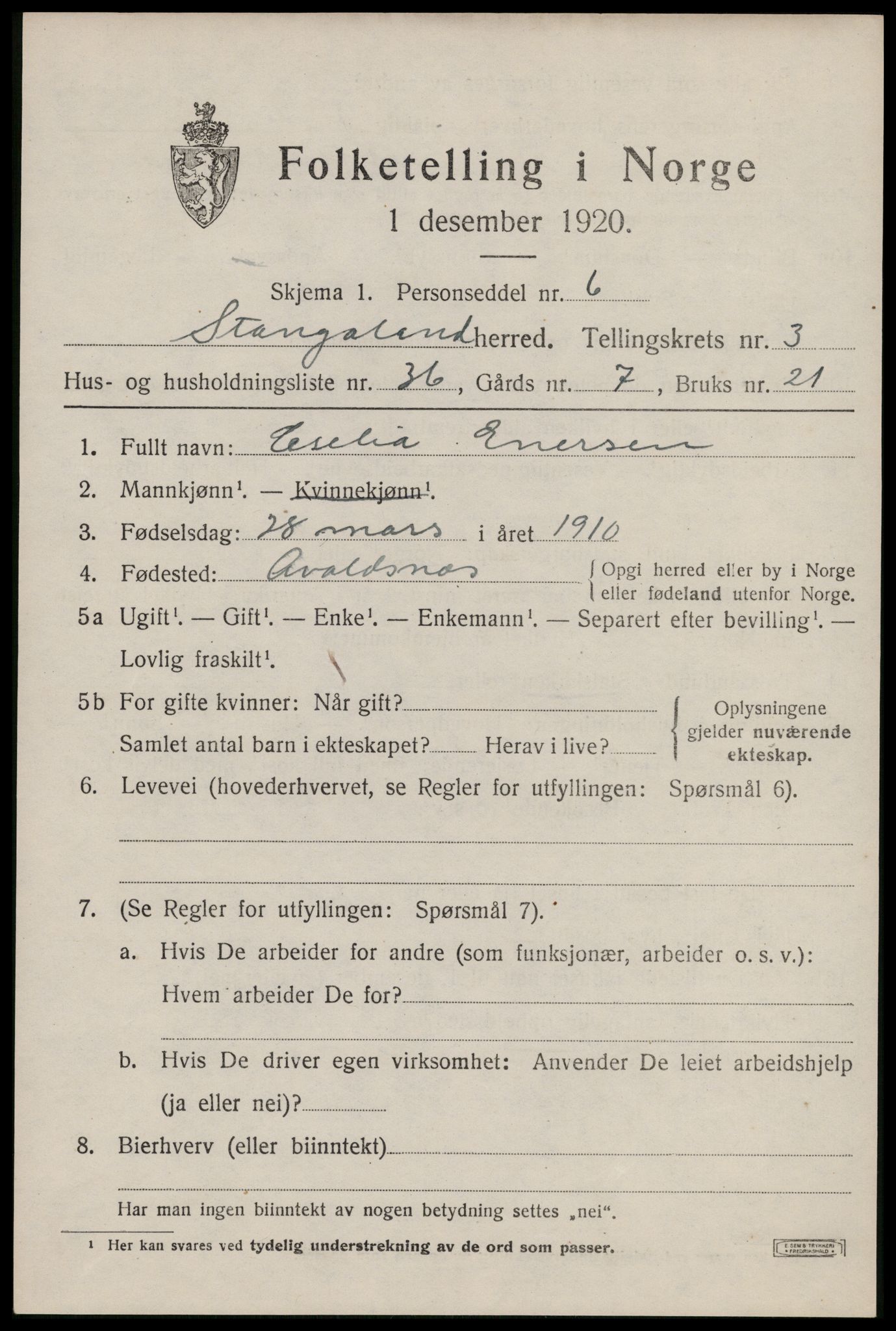 SAST, Folketelling 1920 for 1148 Stangaland herred, 1920, s. 2725