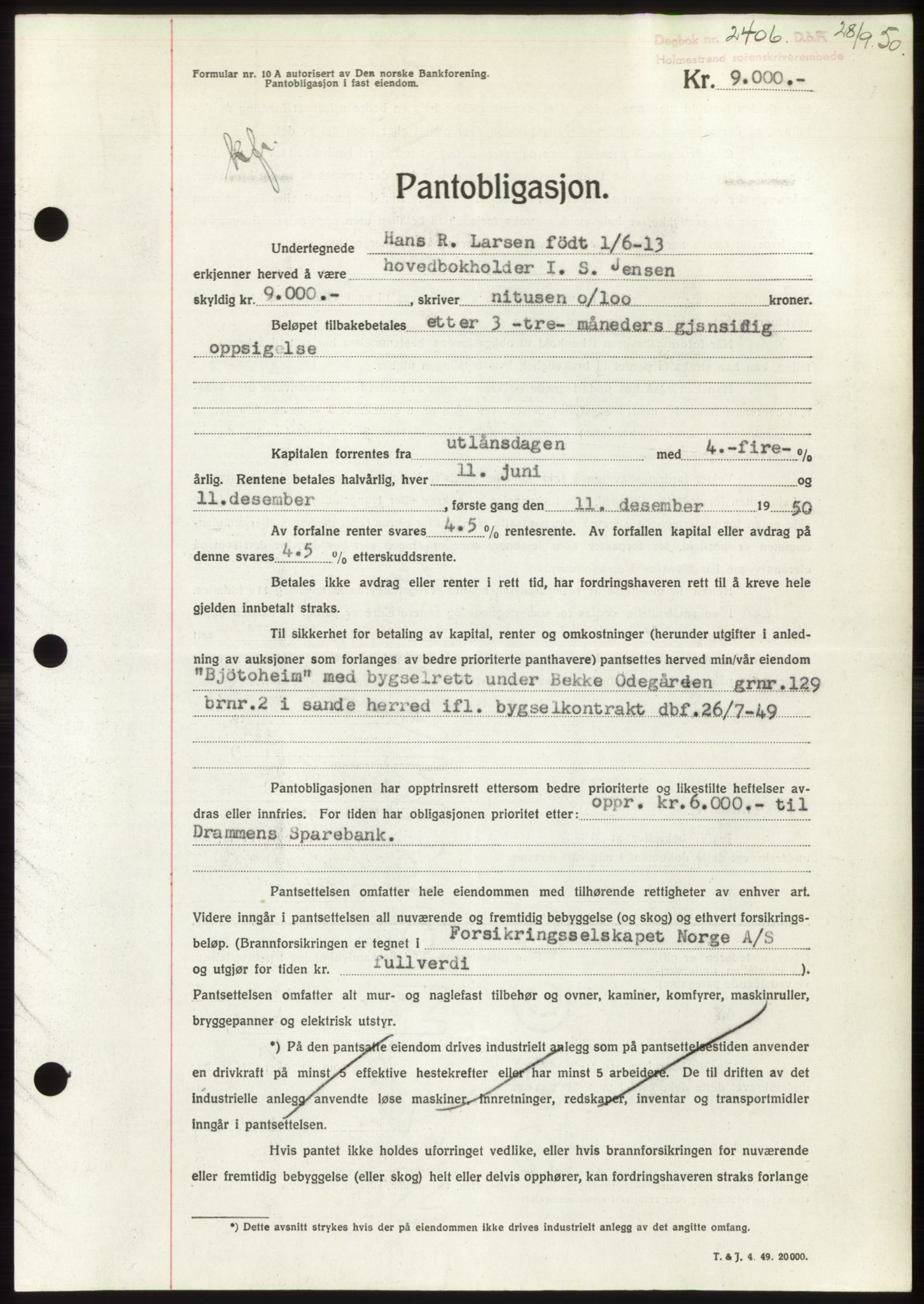 Holmestrand sorenskriveri, AV/SAKO-A-67/G/Ga/Gab/L0063: Pantebok nr. B-63, 1950-1950, Dagboknr: 2406/1950