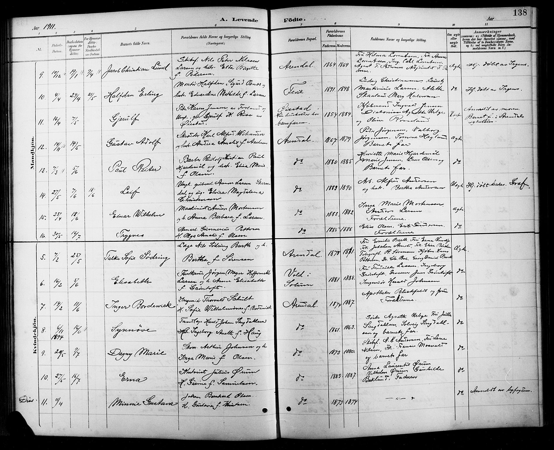 Arendal sokneprestkontor, Trefoldighet, AV/SAK-1111-0040/F/Fb/L0006: Klokkerbok nr. B 6, 1889-1916, s. 138