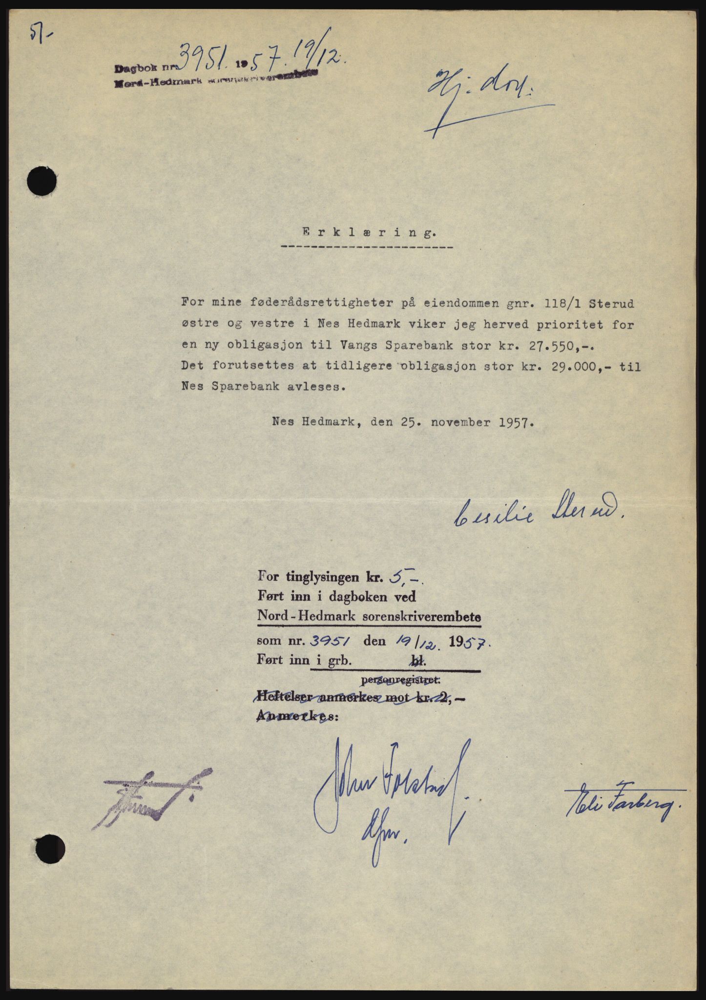 Nord-Hedmark sorenskriveri, SAH/TING-012/H/Hc/L0012: Pantebok nr. 12, 1957-1958, Dagboknr: 3951/1957