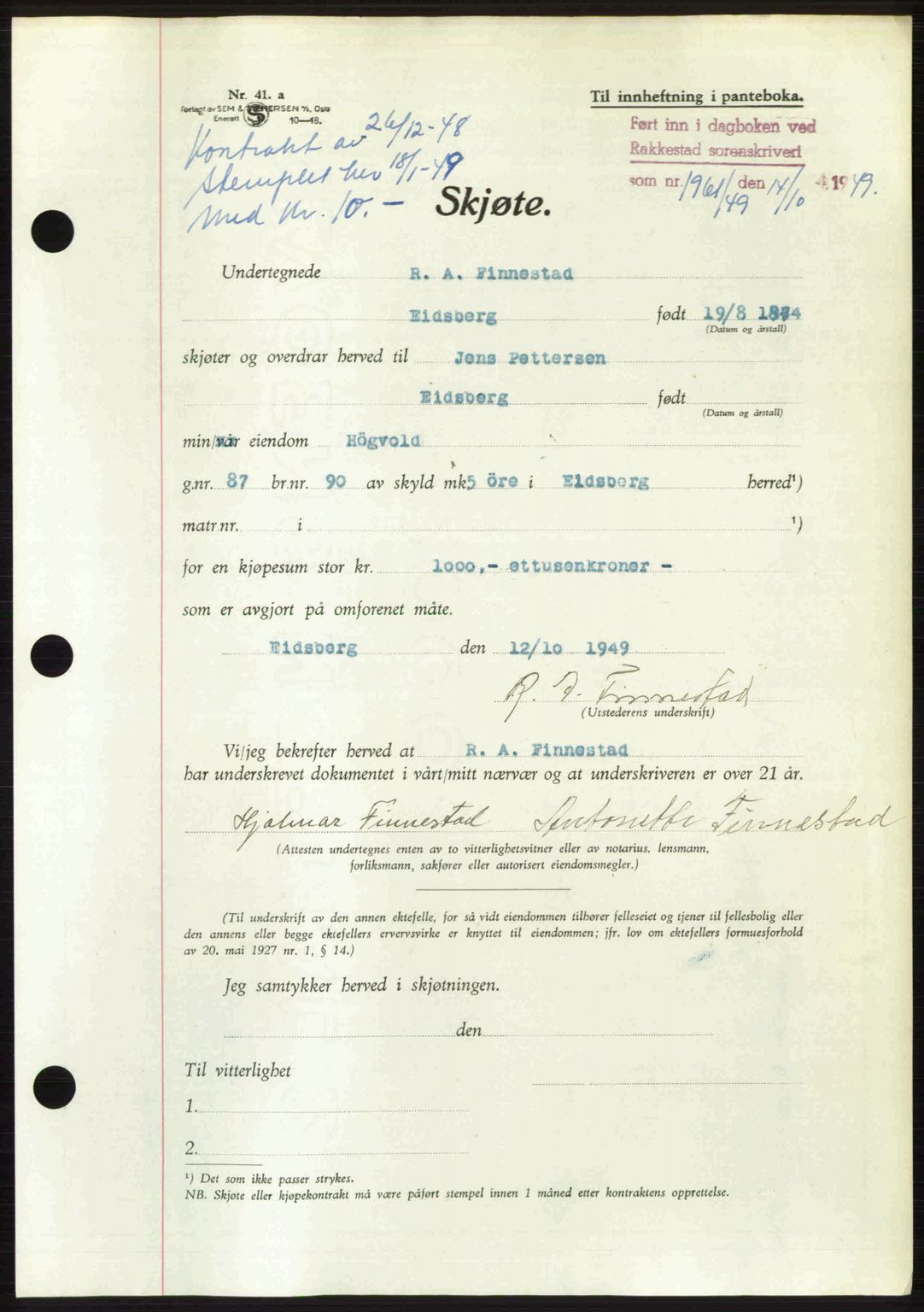 Rakkestad sorenskriveri, SAO/A-10686/G/Gb/Gba/Gbab/L0019: Pantebok nr. A19, 1949-1950, Dagboknr: 1961/1949