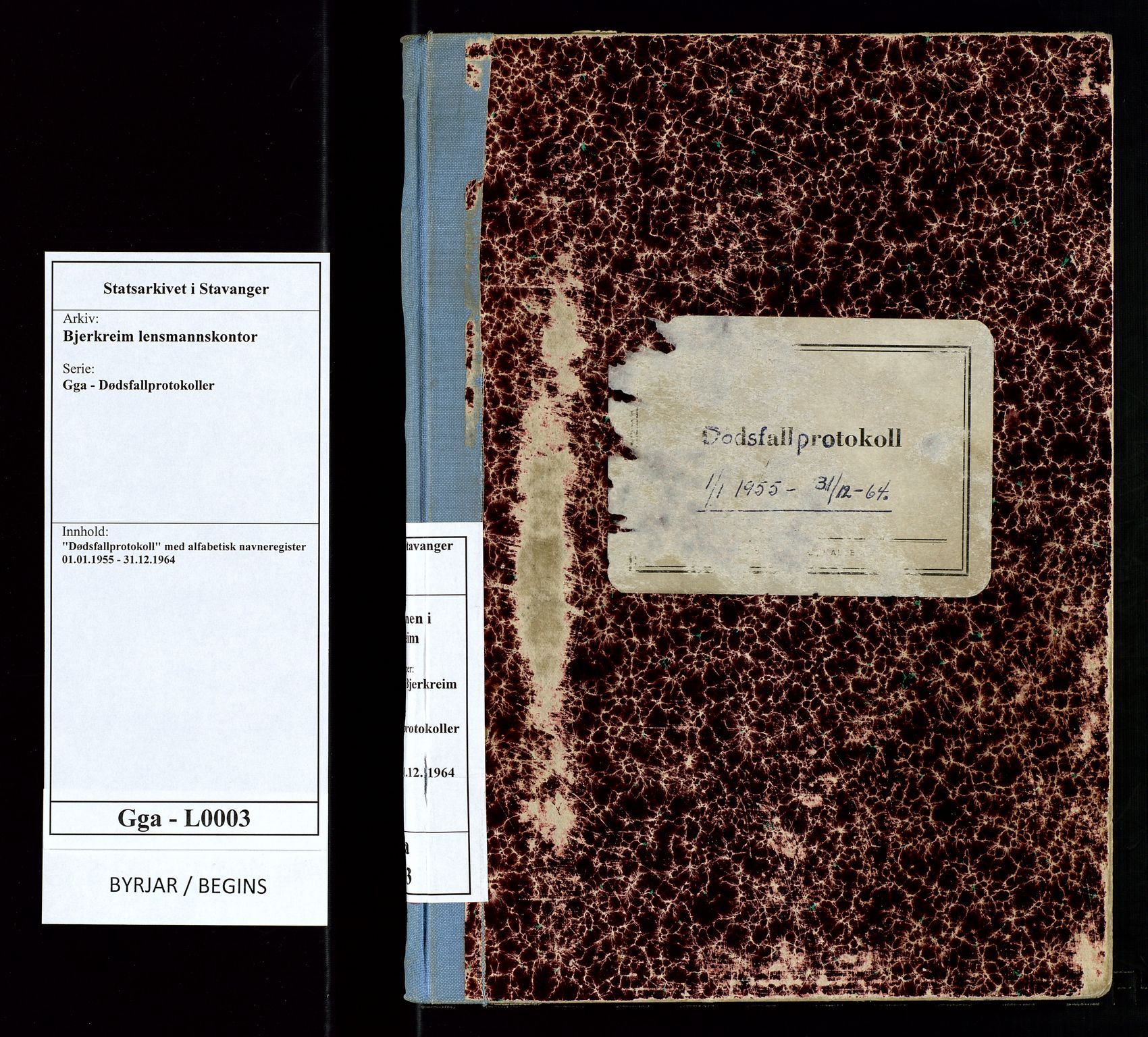 Bjerkreim lensmannskontor, AV/SAST-A-100090/Gga/L0003: "Dødsfallprotokoll" med alfabetisk navneregister, 1955-1964