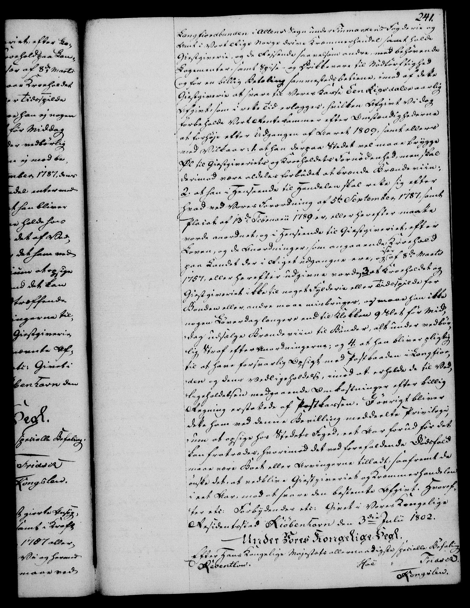 Rentekammeret, Kammerkanselliet, RA/EA-3111/G/Gg/Gga/L0017: Norsk ekspedisjonsprotokoll med register (merket RK 53.17), 1801-1803, s. 241