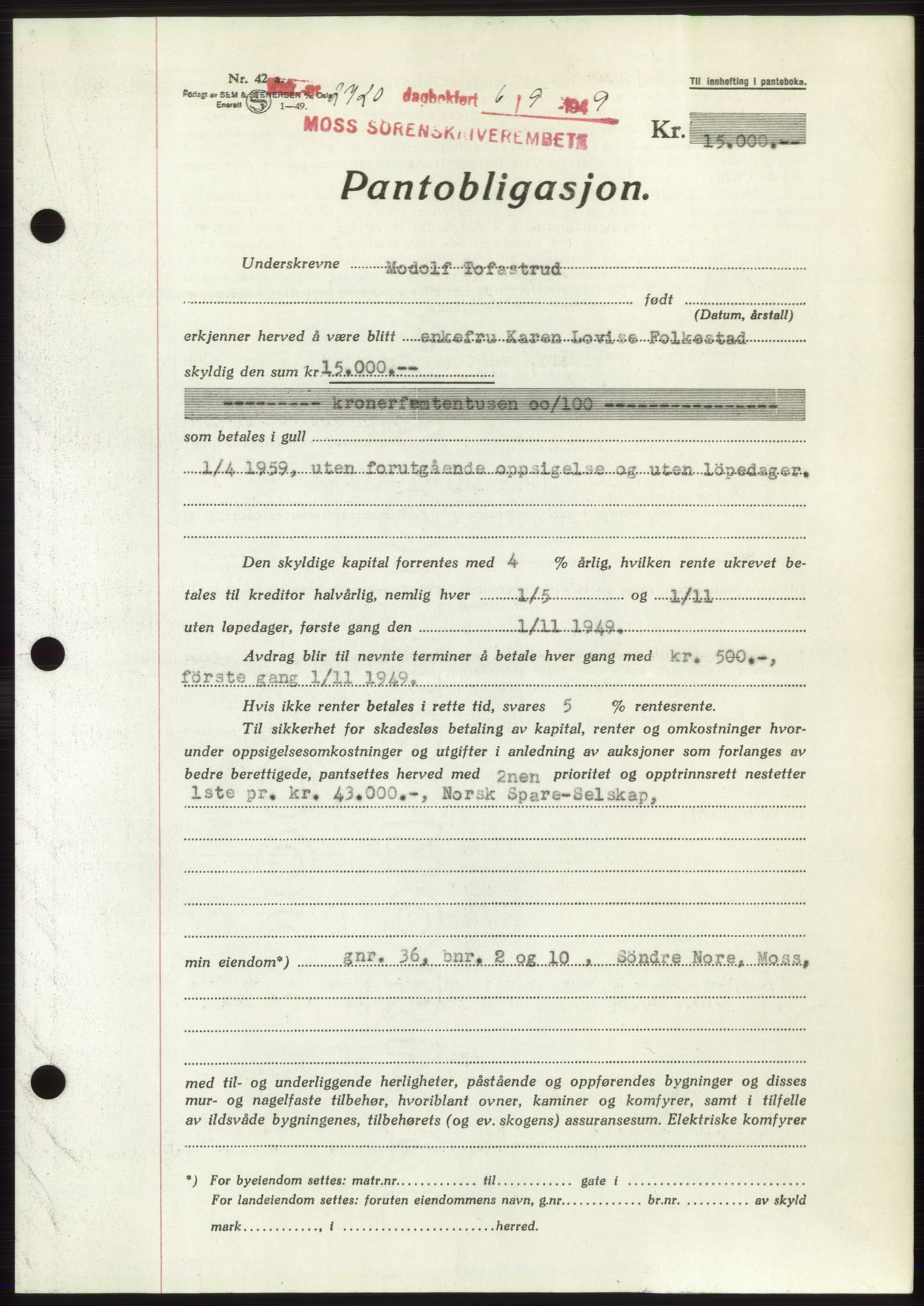 Moss sorenskriveri, SAO/A-10168: Pantebok nr. B22, 1949-1949, Dagboknr: 2720/1949