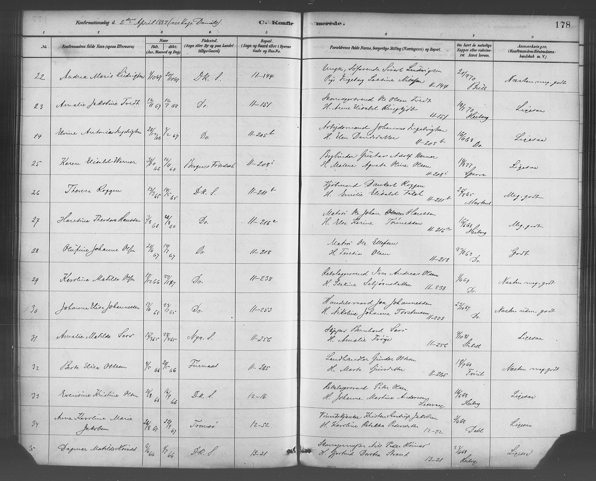 Domkirken sokneprestembete, SAB/A-74801/H/Haa/L0030: Ministerialbok nr. C 5, 1880-1898, s. 178