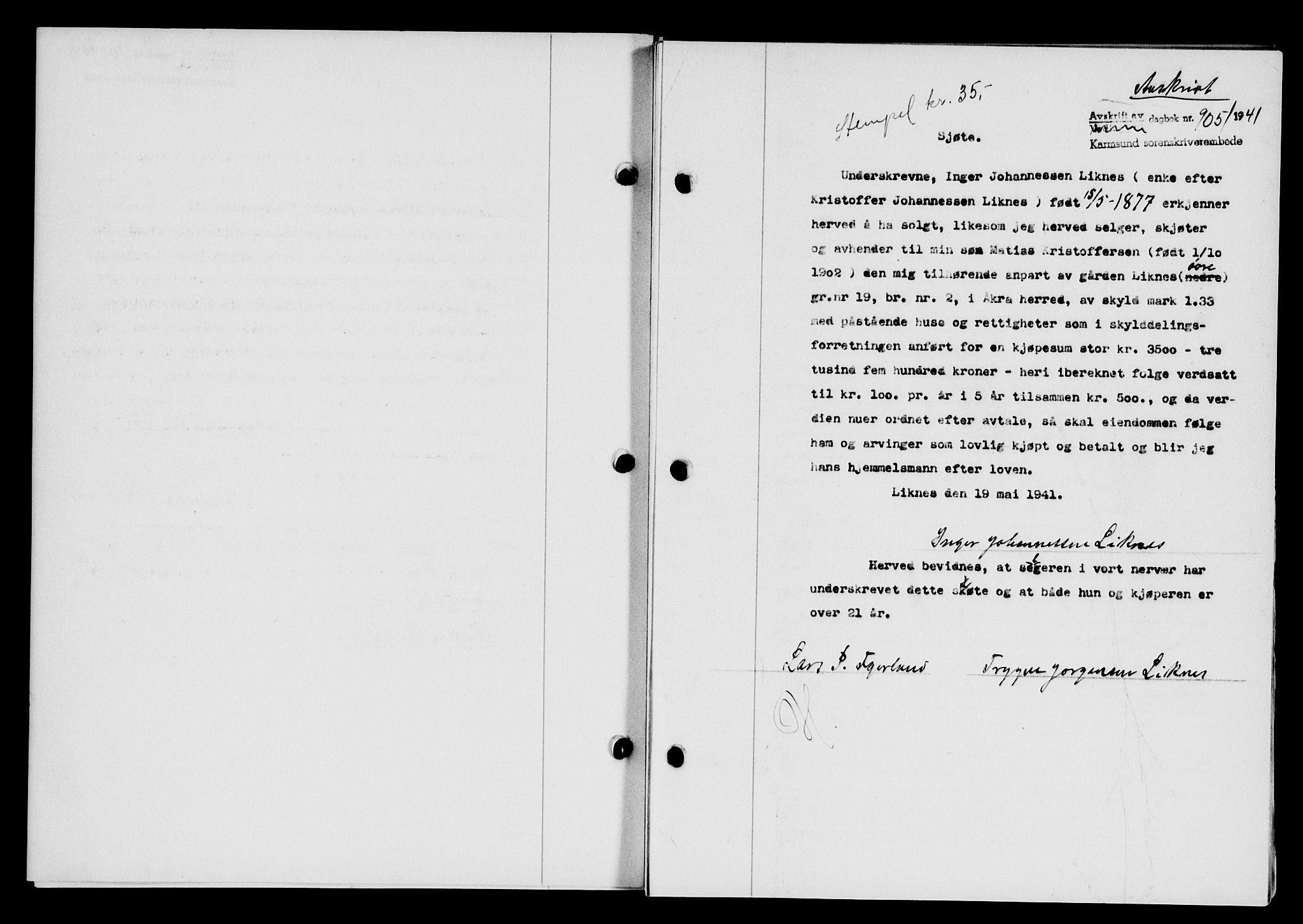 Karmsund sorenskriveri, SAST/A-100311/01/II/IIB/L0075: Pantebok nr. 56A, 1941-1941, Dagboknr: 905/1941