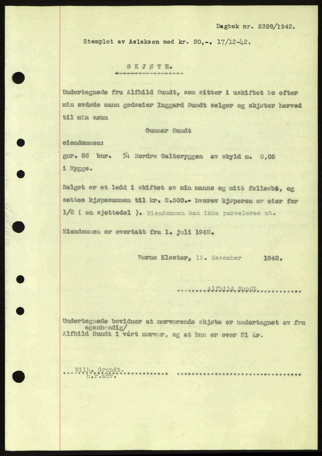 Moss sorenskriveri, SAO/A-10168: Pantebok nr. A10, 1942-1943, Dagboknr: 2398/1942