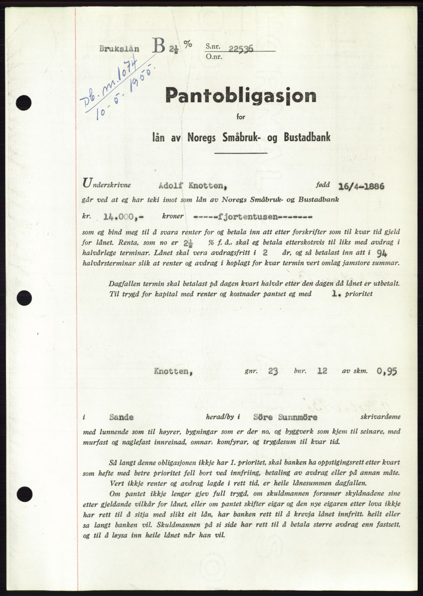 Søre Sunnmøre sorenskriveri, AV/SAT-A-4122/1/2/2C/L0126: Pantebok nr. 14B, 1954-1955, Dagboknr: 1074/1955