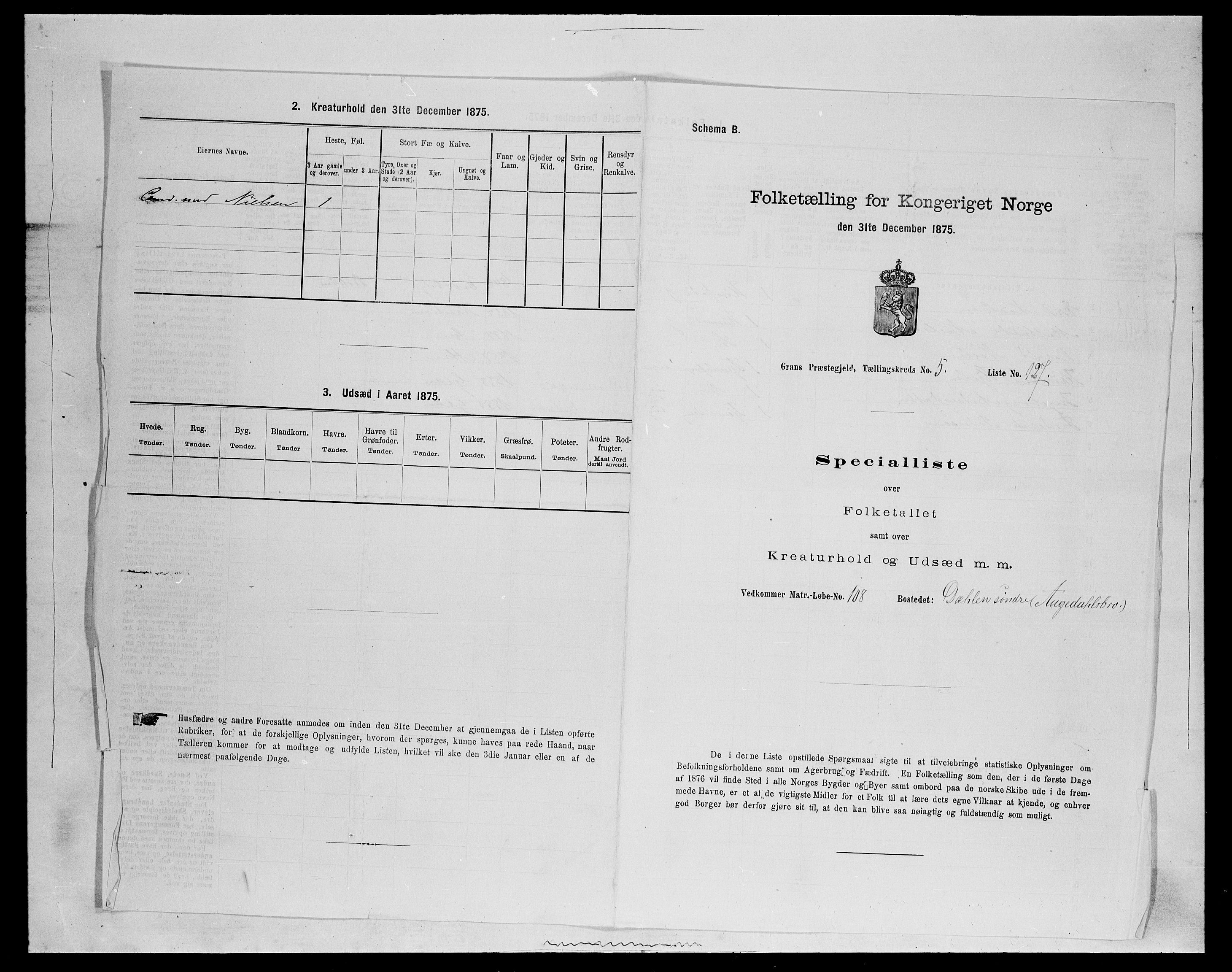 SAH, Folketelling 1875 for 0534P Gran prestegjeld, 1875, s. 1018