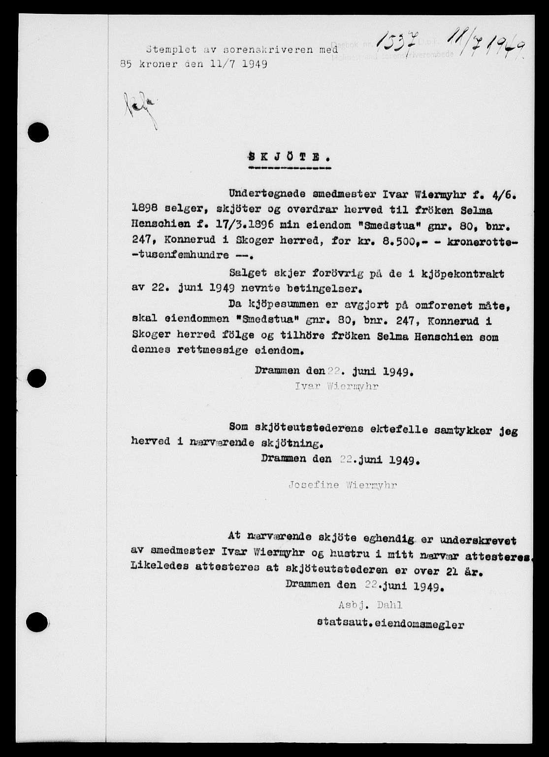 Holmestrand sorenskriveri, SAKO/A-67/G/Ga/Gaa/L0067: Pantebok nr. A-67, 1949-1949, Dagboknr: 1537/1949