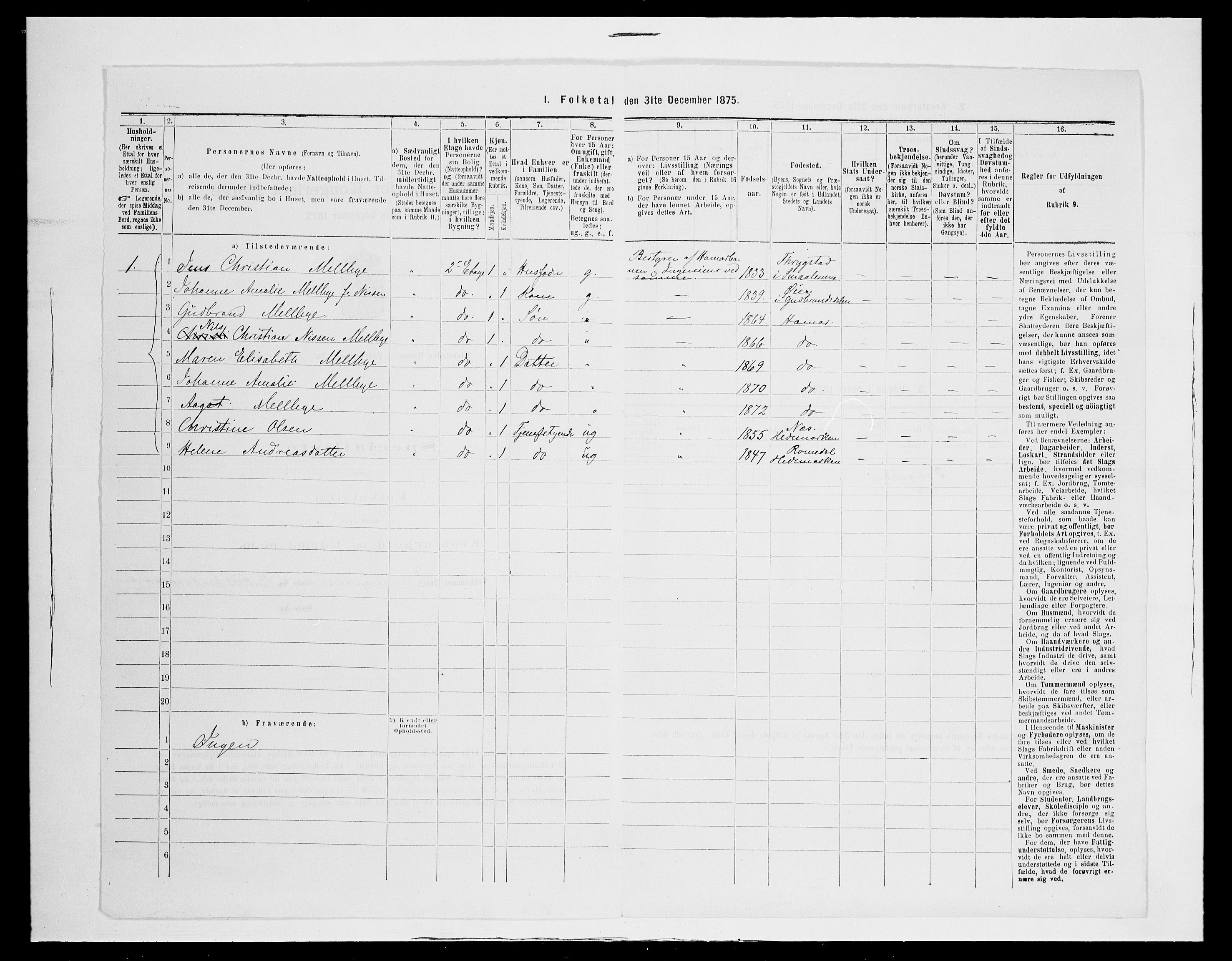 SAH, Folketelling 1875 for 0401B Vang prestegjeld, Hamar kjøpstad, 1875, s. 13