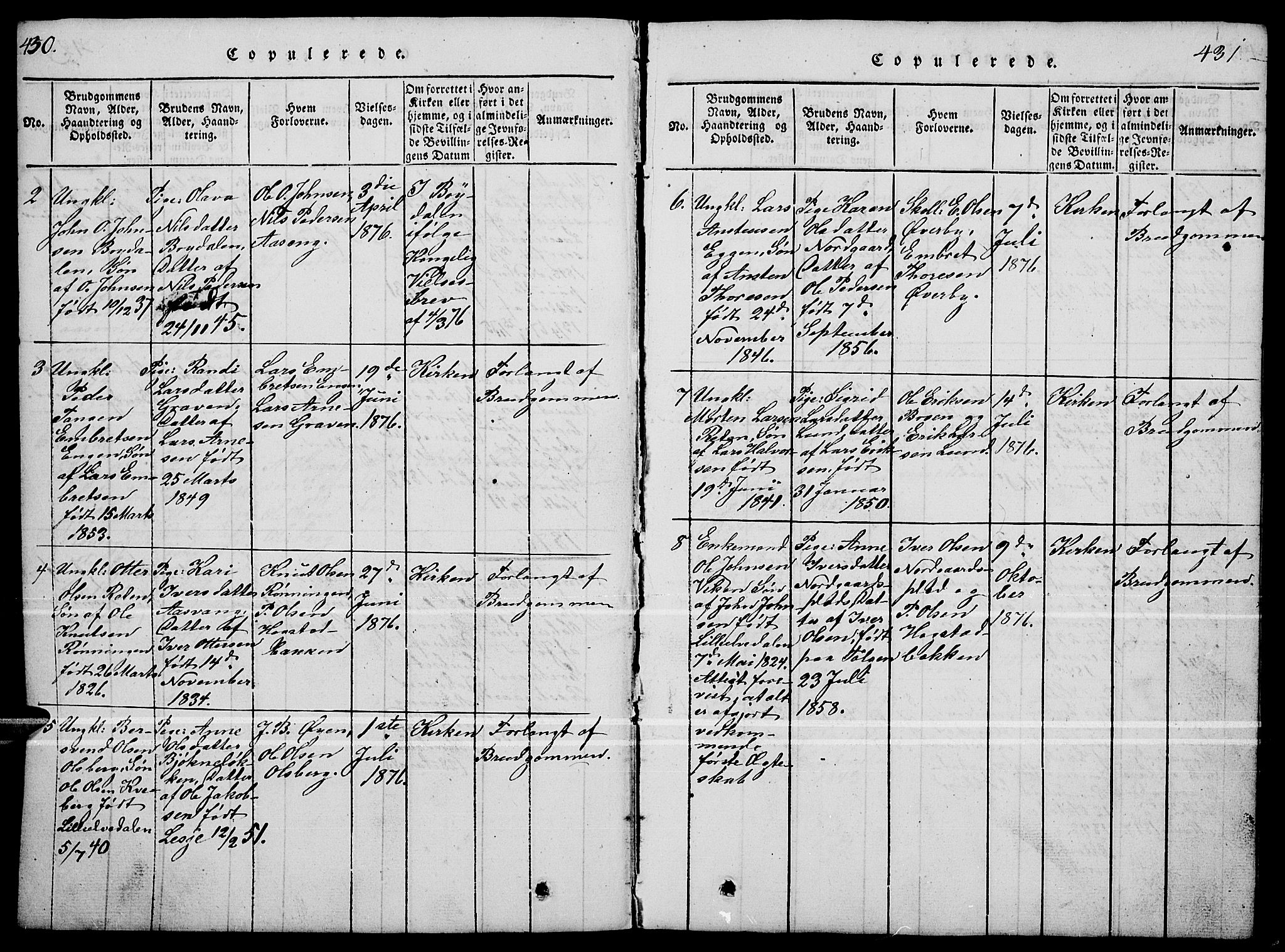 Tynset prestekontor, AV/SAH-PREST-058/H/Ha/Hab/L0004: Klokkerbok nr. 4, 1814-1879, s. 430-431