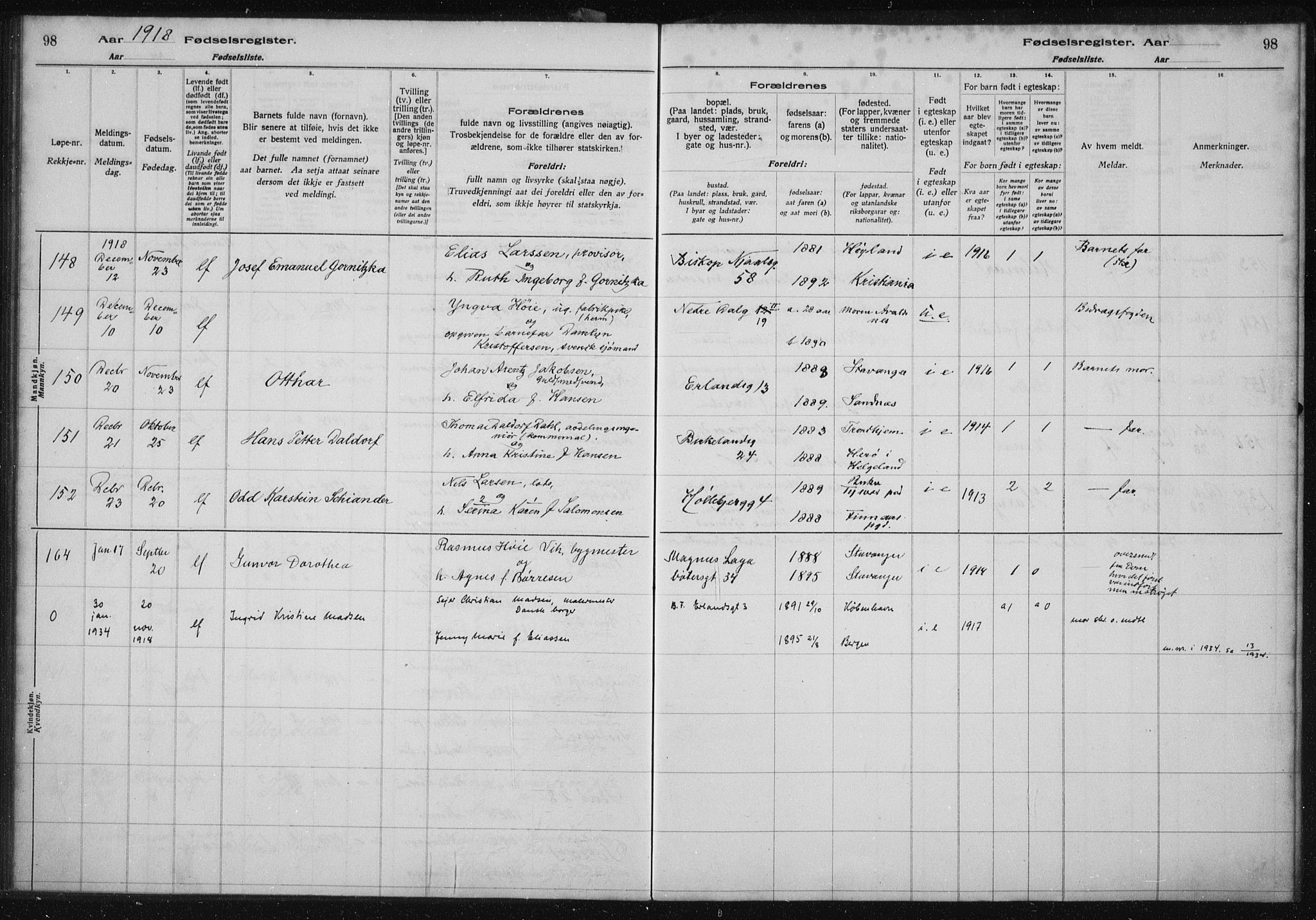 St. Petri sokneprestkontor, AV/SAST-A-101813/002/A/L0001: Fødselsregister nr. 1, 1916-1922, s. 98