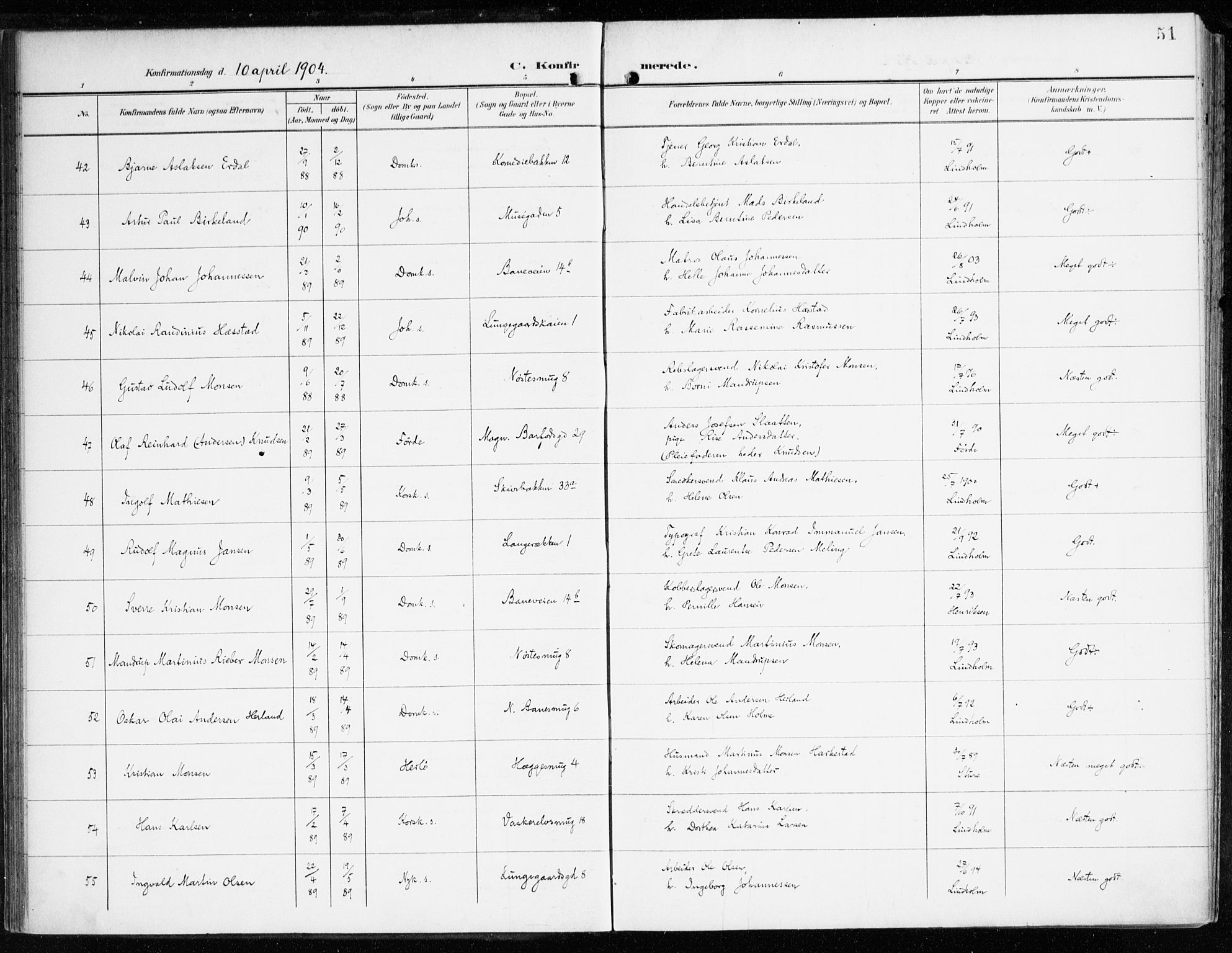 Domkirken sokneprestembete, AV/SAB-A-74801/H/Haa/L0031: Ministerialbok nr. C 6, 1898-1915, s. 51