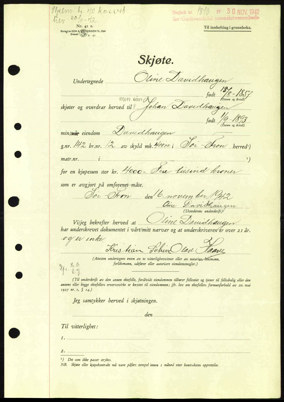 Sør-Gudbrandsdal tingrett, SAH/TING-004/H/Hb/Hbd/L0011: Pantebok nr. A11, 1942-1943, Dagboknr: 1810/1942